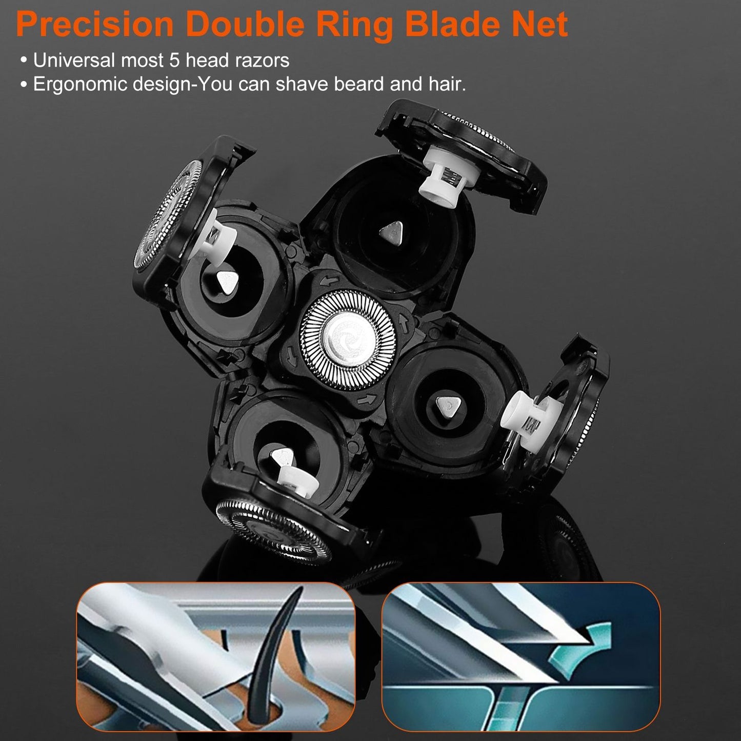 Precision double ring blade net designed for five-head razors, showcasing an ergonomic structure for easy shaving of beard and hair.