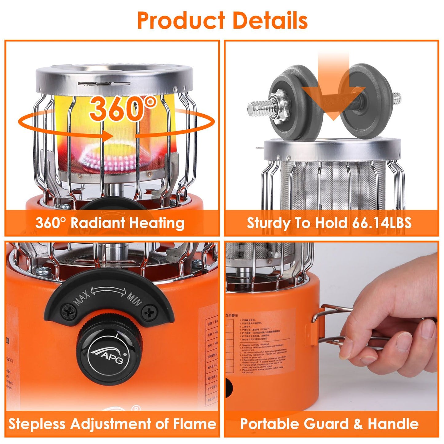 Image of a portable camping heater showcasing 360° radiant heating, a stepless flame adjustment knob, sturdy construction capable of holding up to 66.14 lbs, and a convenient handle for easy transport.