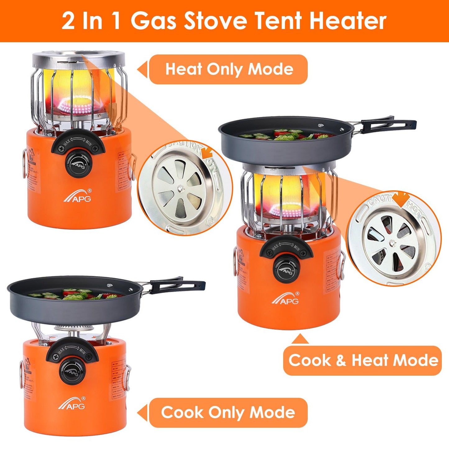 2-in-1 gas stove tent heater featuring a detachable cooking pot, adjustable heat settings, and a safety grill, designed for outdoor cooking and heating.