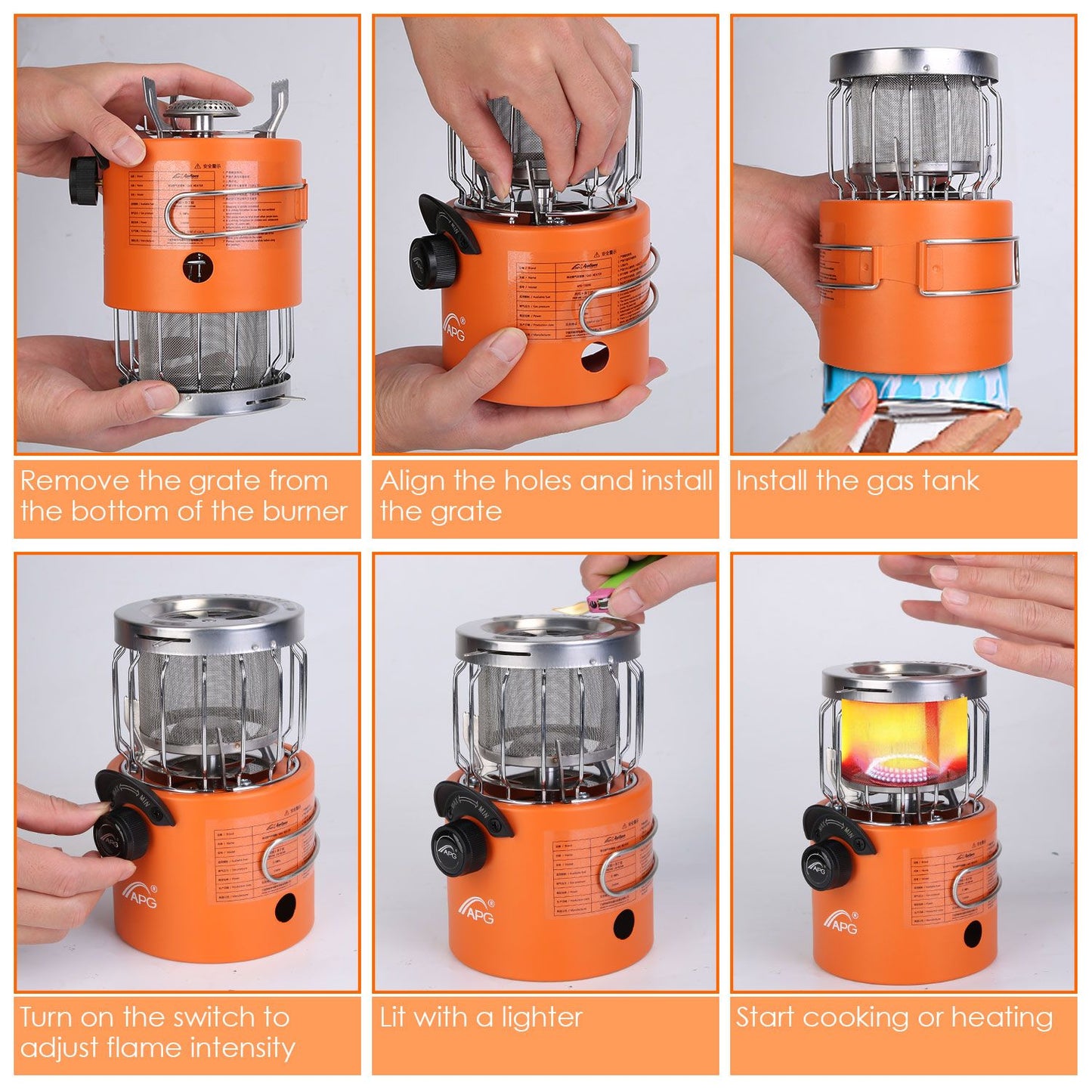 Step-by-step guide for operating a portable gas burner, showing hands removing the grate, installing the gas tank, adjusting the flame, and igniting the burner, with an orange and silver design.