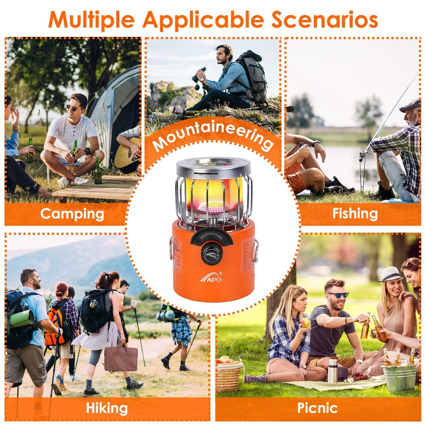 Orange camping lantern showcasing multiple outdoor activities, including camping, mountaineering, fishing, hiking, and picnics, highlighting its versatility for adventurers.