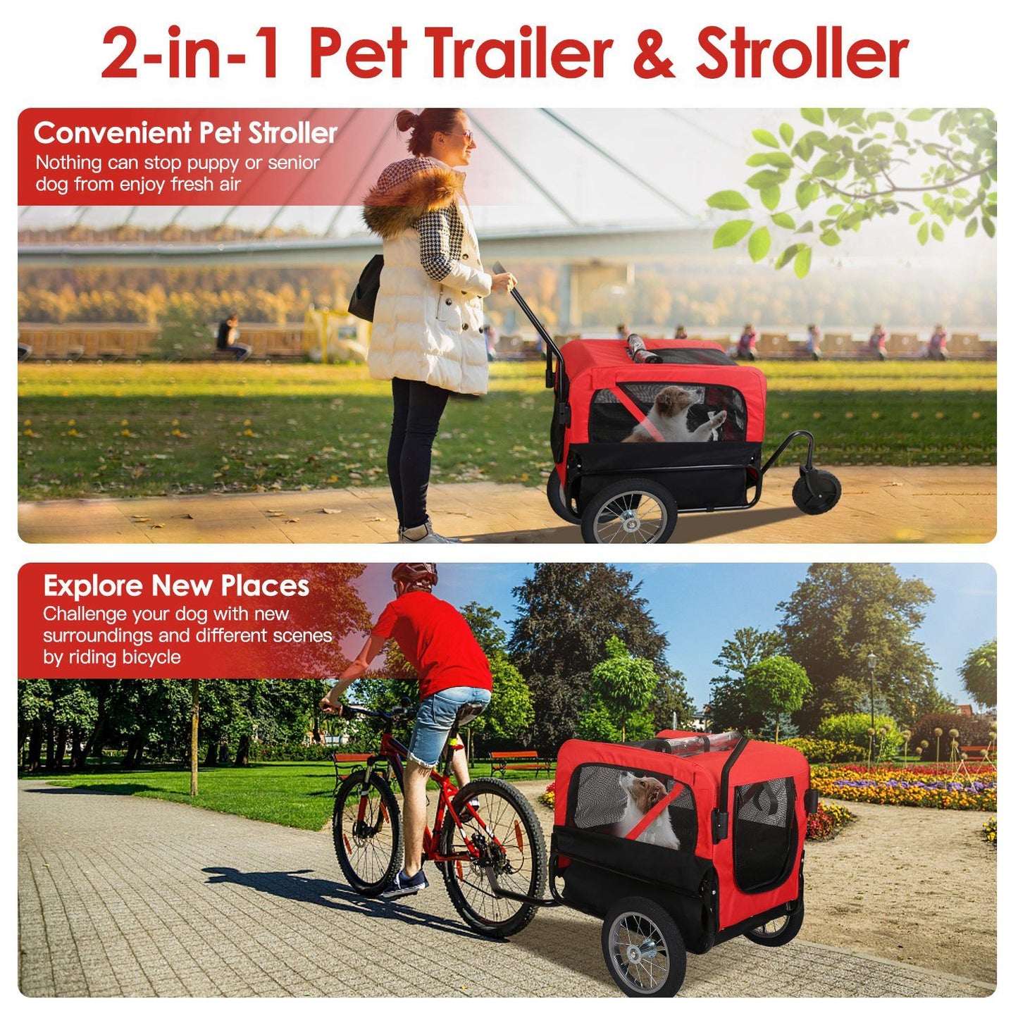 2-in-1 pet trailer and stroller for dogs, featuring a vibrant red design, outdoor scenes of a woman pushing the stroller and a man biking with the trailer, showcasing convenience for pets on the go.