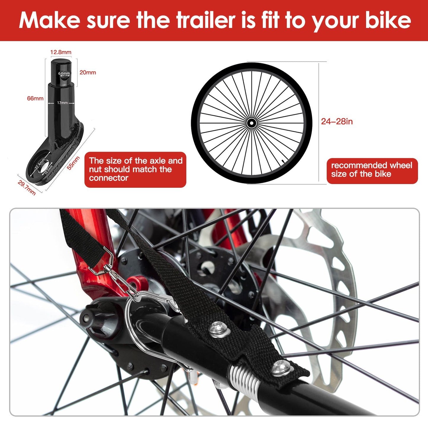 Image showing a bike trailer connector attachment, including specifications for axle size, mounting details, and recommended wheel sizes ranging from 24 to 28 inches.