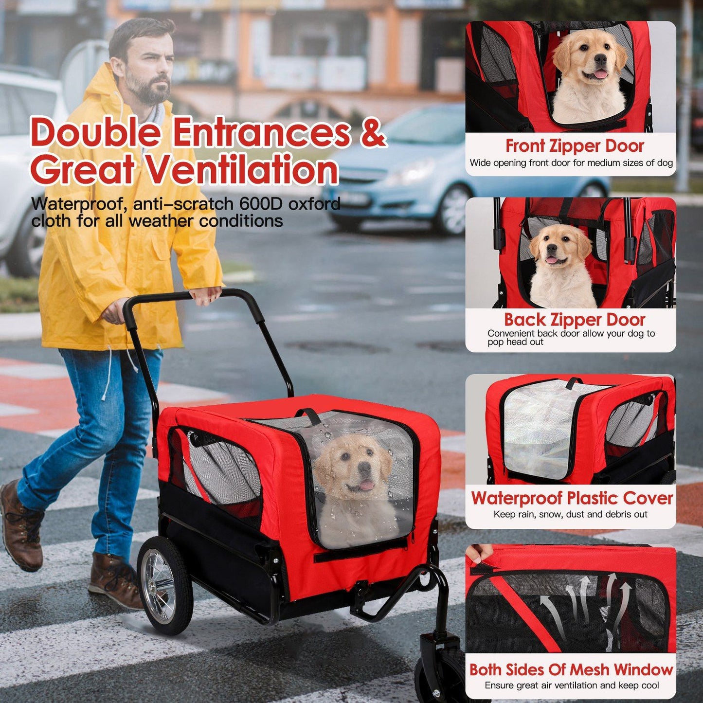 Durable dog stroller with double entrances, waterproof 600D oxford fabric, and large mesh windows for optimal ventilation, showcasing a happy dog inside while being pushed by a person in a raincoat on a city street.