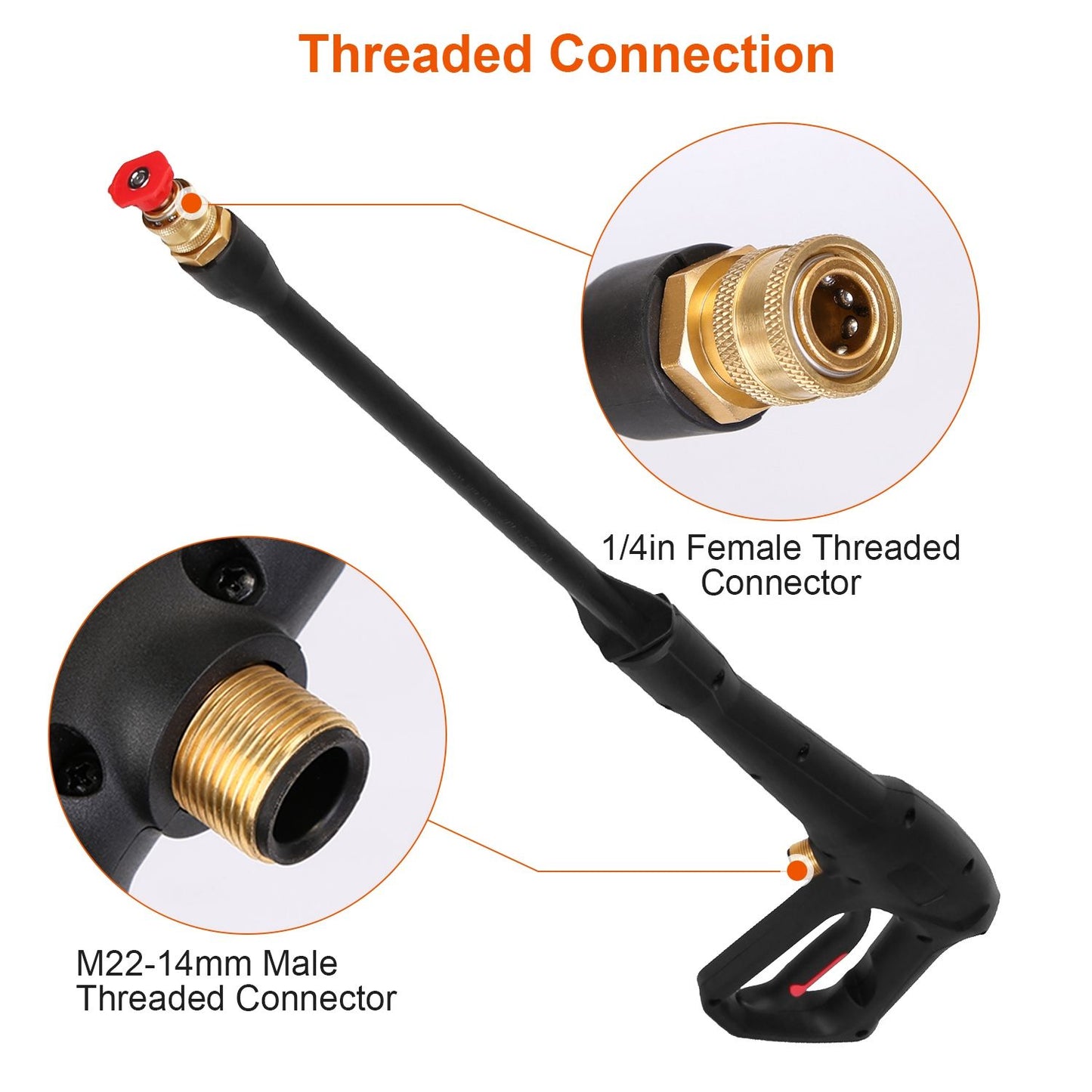 High-pressure washer lance with M22-14mm male and 1/4in female threaded connectors, featuring a comfortable grip and red nozzle for versatile cleaning applications.