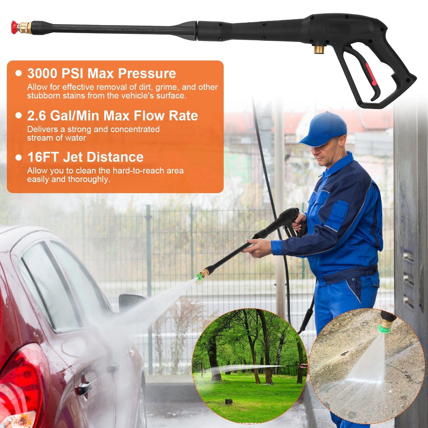 High-pressure washer gun with 3000 PSI, 2.6 GPM flow rate, and 16-foot jet distance, ideal for effective vehicle cleaning and hard-to-reach areas.