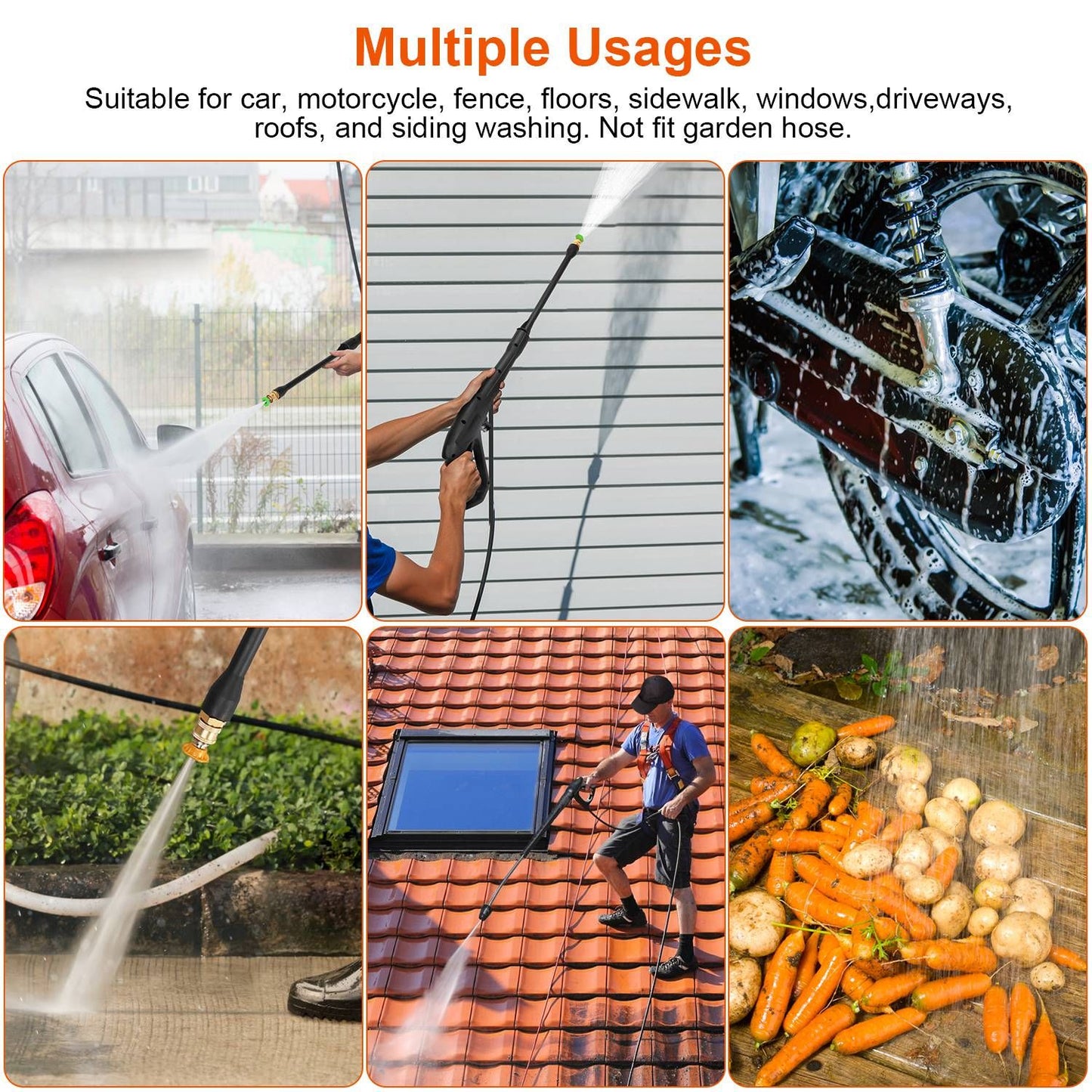 High-pressure power washer for versatile cleaning of cars, motorcycles, roofs, sidewalks, and outdoor surfaces, showcasing multiple applications in action.