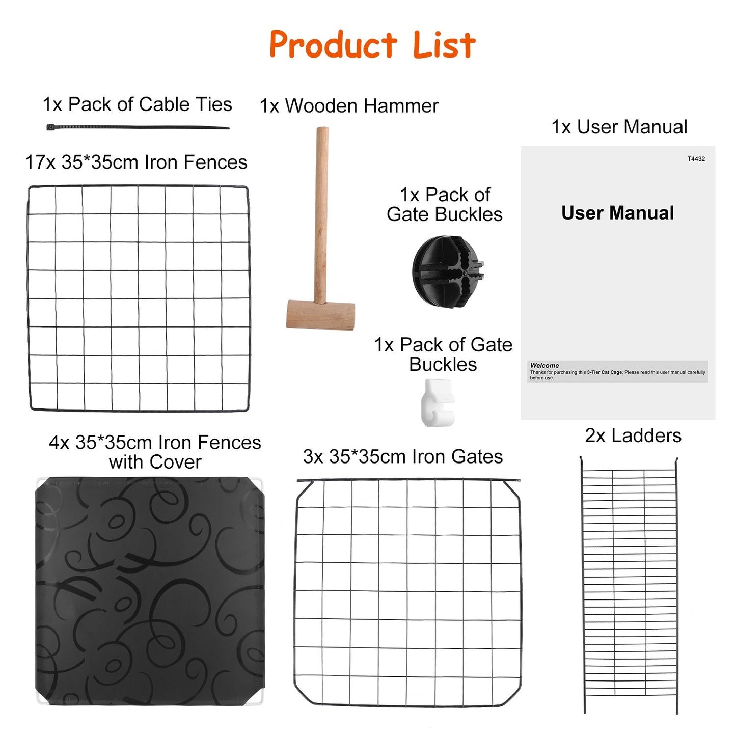 Product list for a cat cage set, including iron fences, gates, ladders, a hammer, gate buckles, and a user manual.