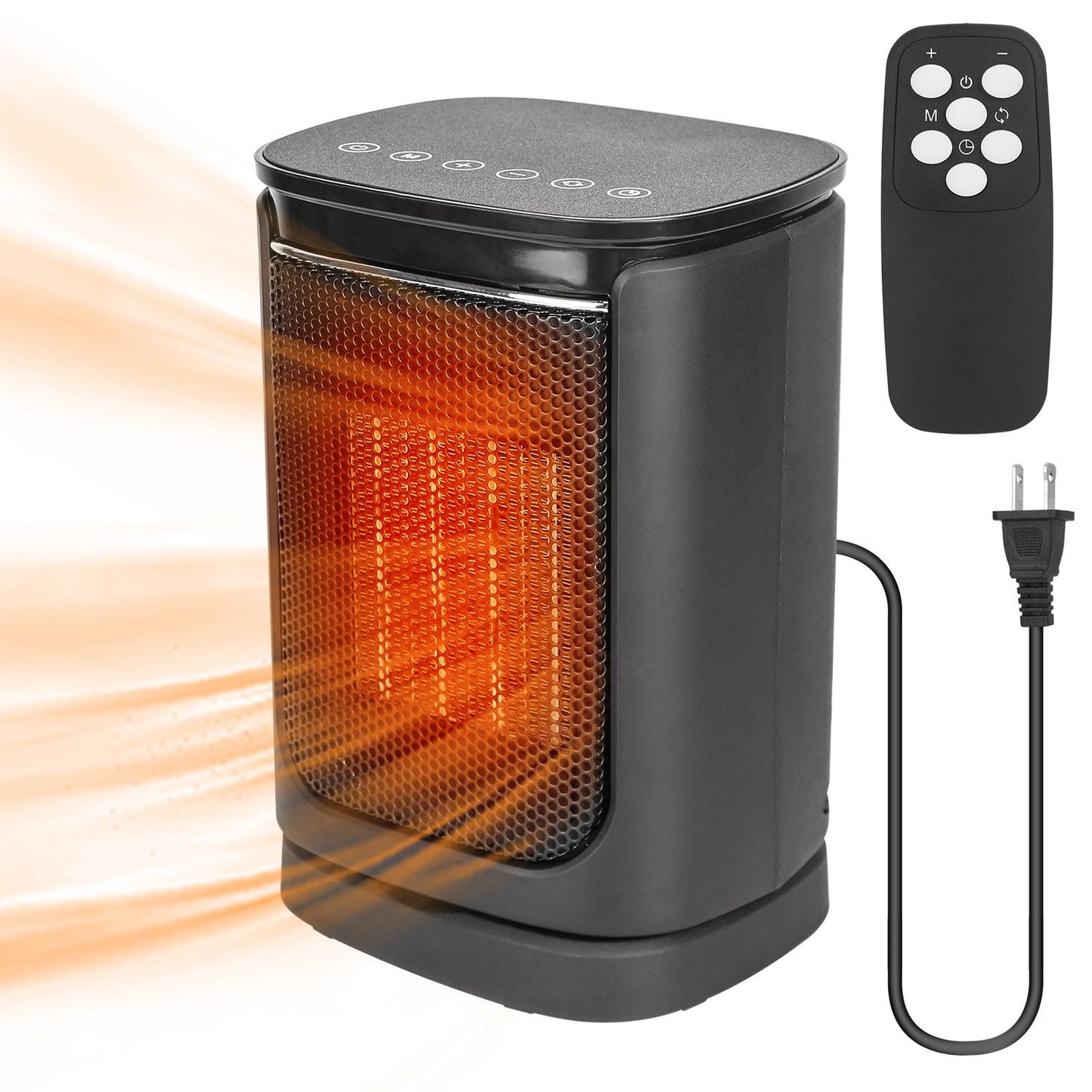 Compact black portable infrared space heater with remote control, featuring a glowing heating element and a sleek design, ideal for quick warmth in any room.