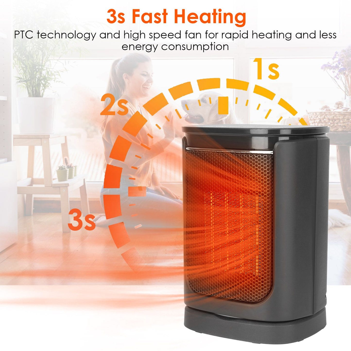 Compact electric heater featuring PTC technology for rapid heating in just 3 seconds, surrounded by a cozy living room setting with a person and a pet dog.