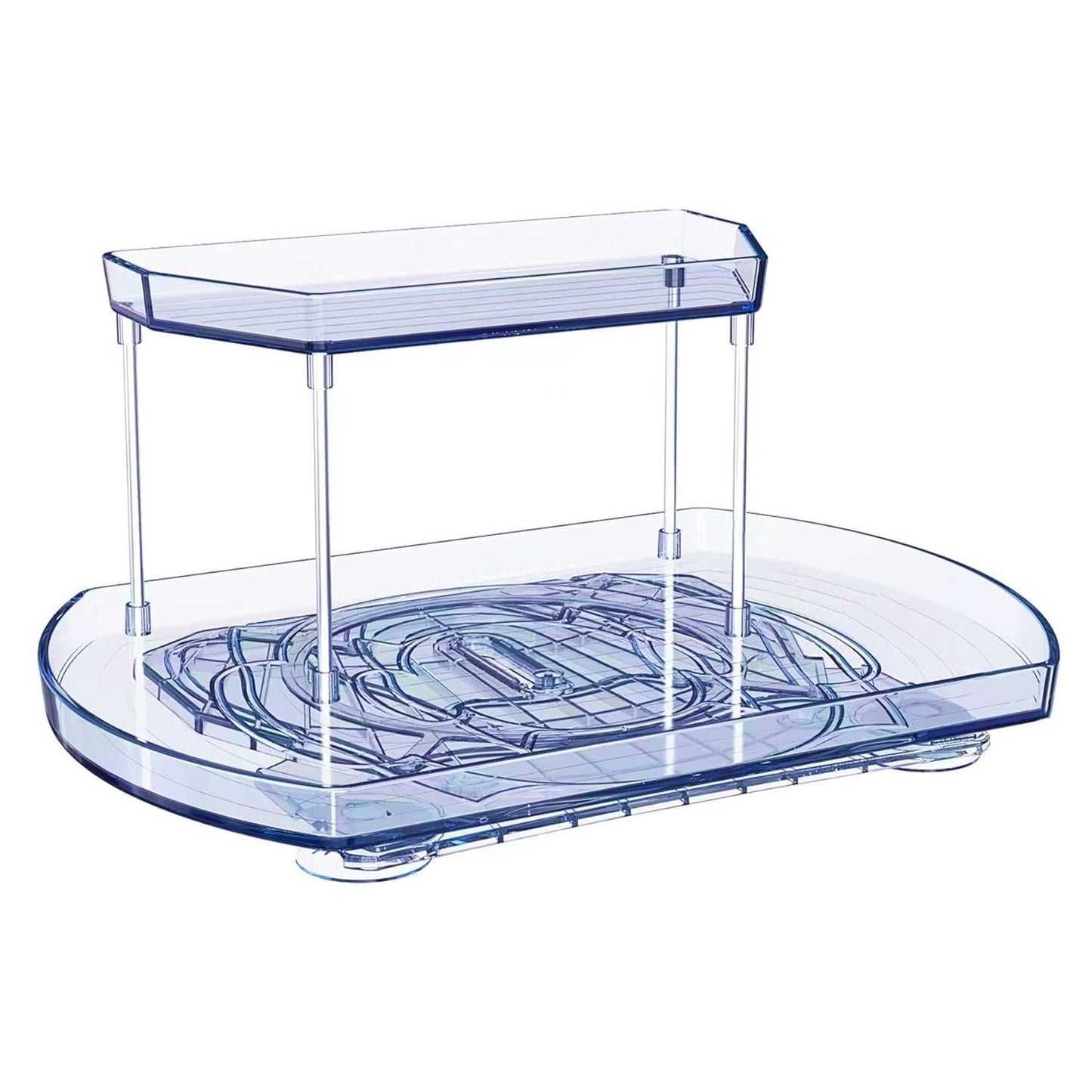Multi-tier acrylic storage organizer with a clear top shelf and a tray base, designed for efficient kitchen or bathroom space-saving.