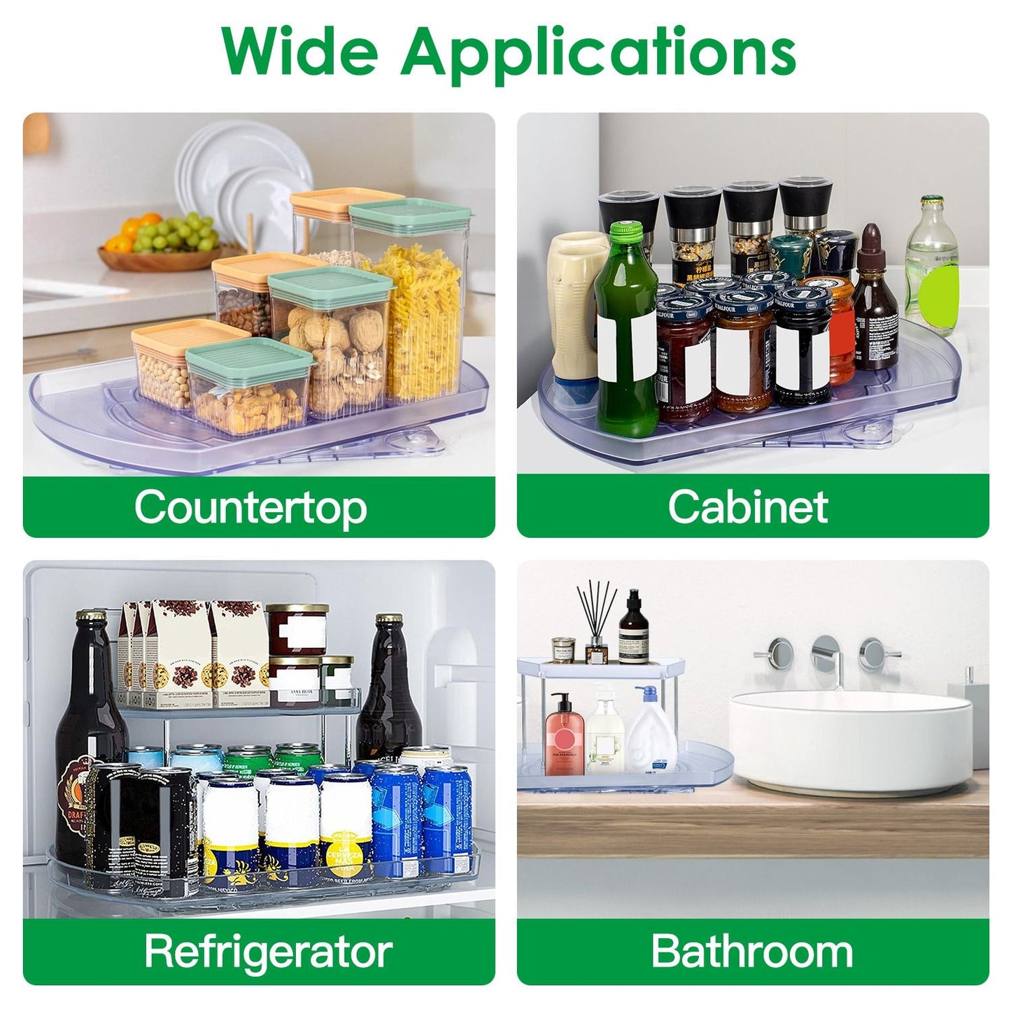 Clear acrylic storage organizer with labeled sections for countertop, cabinet, refrigerator, and bathroom use, featuring food containers, condiments, and toiletries.