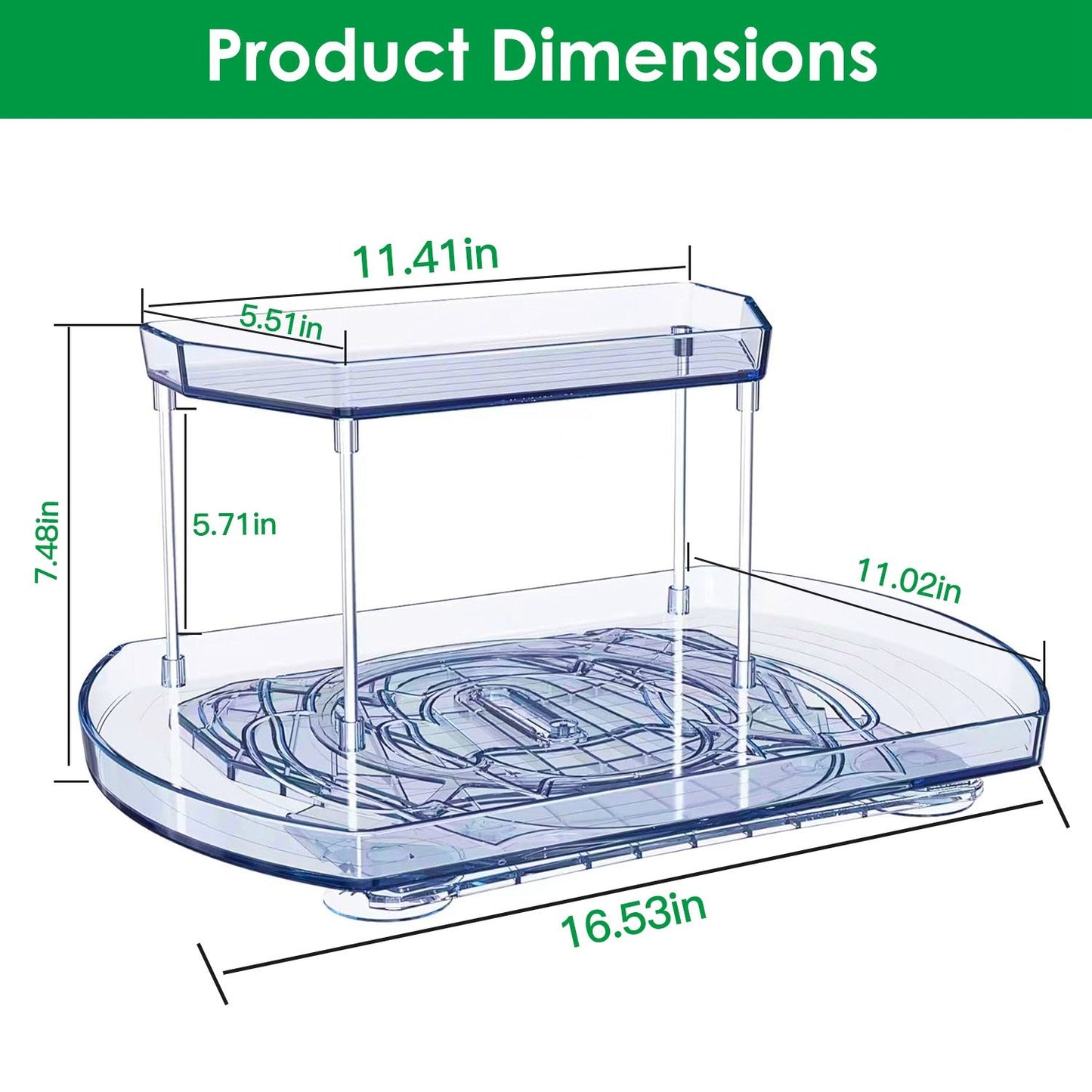 Clear two-tier organizer dimensions, measuring 16.53 inches wide, 11.41 inches long, and 7.48 inches tall, showcasing a modern design ideal for kitchen or bathroom storage.