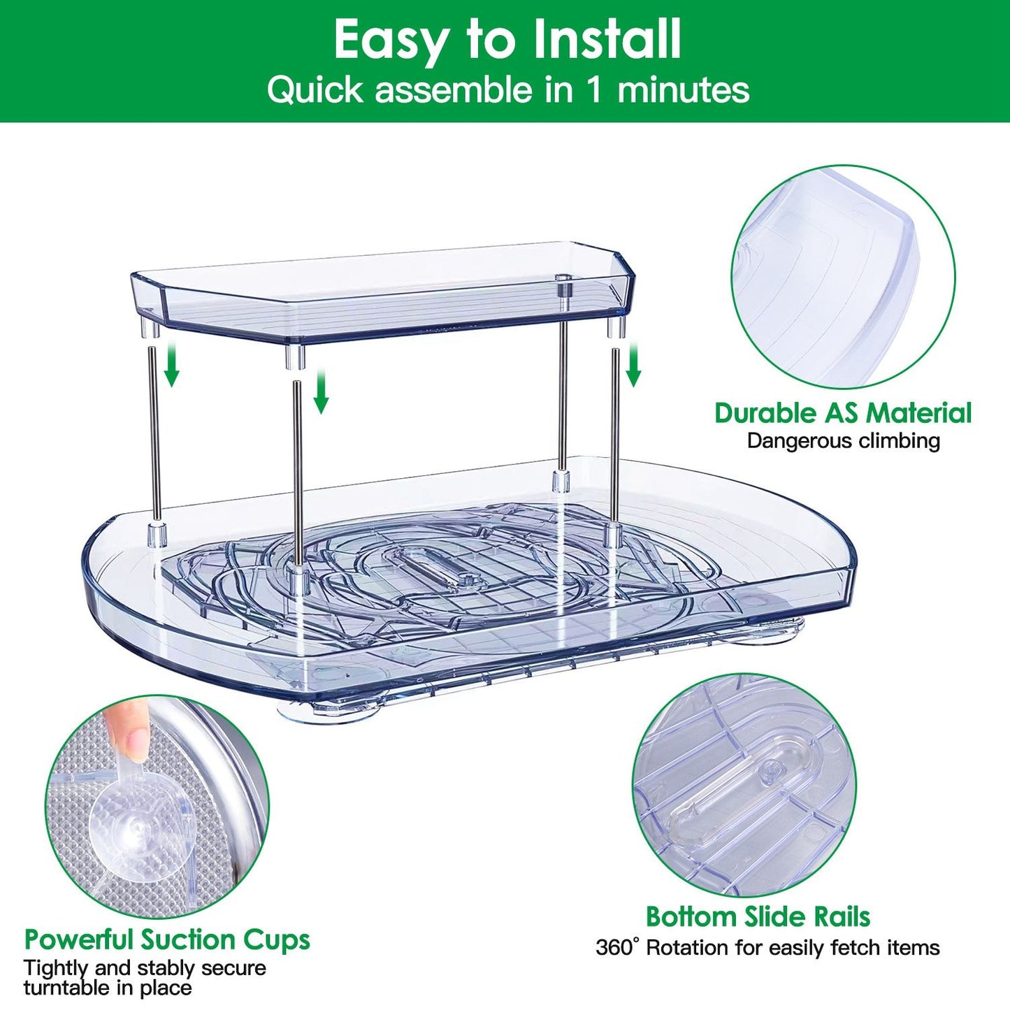 Clear two-tier storage organizer with stainless steel poles, powerful suction cups, and bottom slide rails for easy access, ideal for maximizing space.