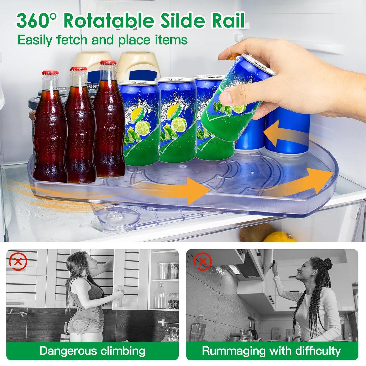 360° rotatable slide rail fridge organizer with drinks, showcasing easy access and storage solution for cans and bottles.