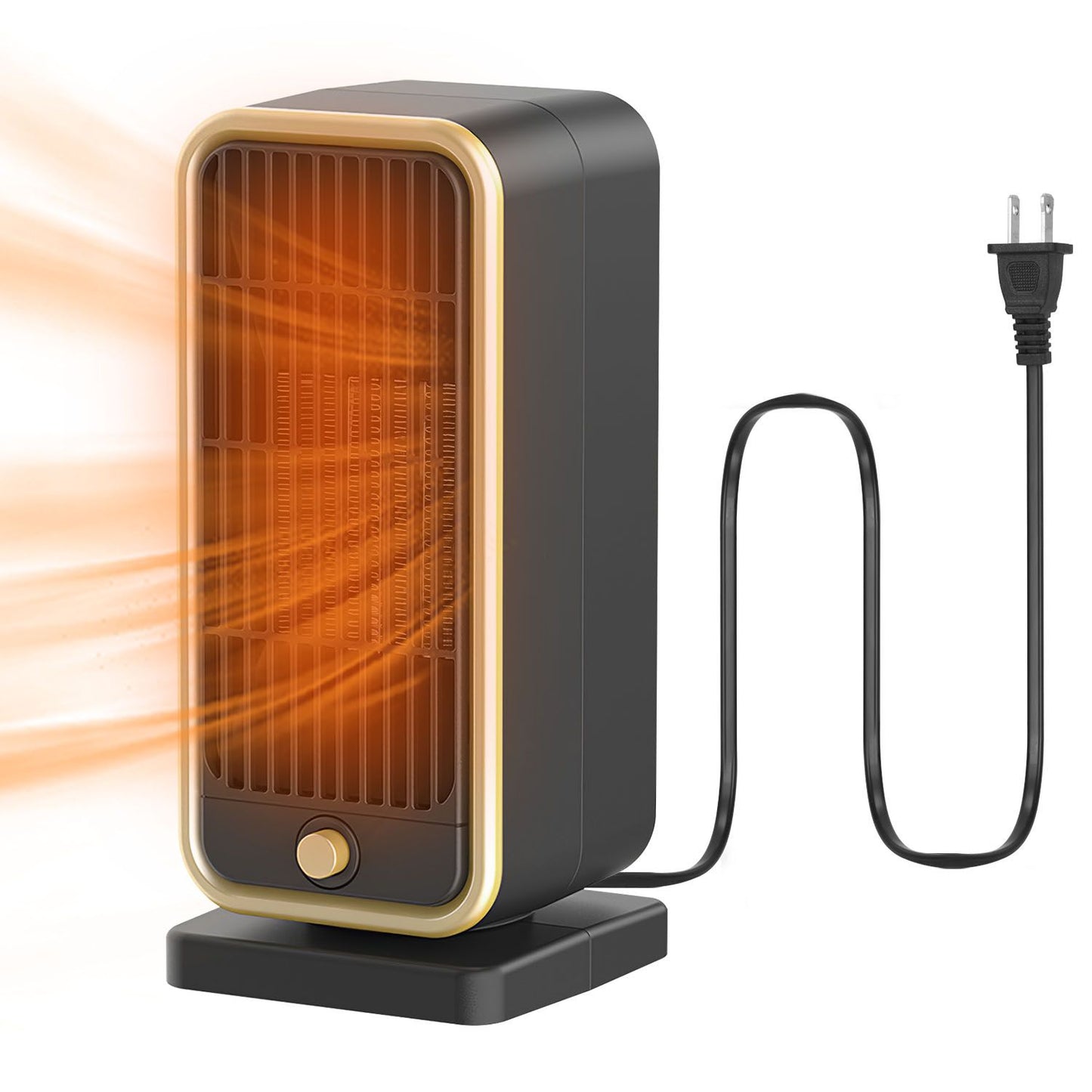 Compact electric heater with a sleek black and gold design, emitting warm airflow, ideal for home or office use.