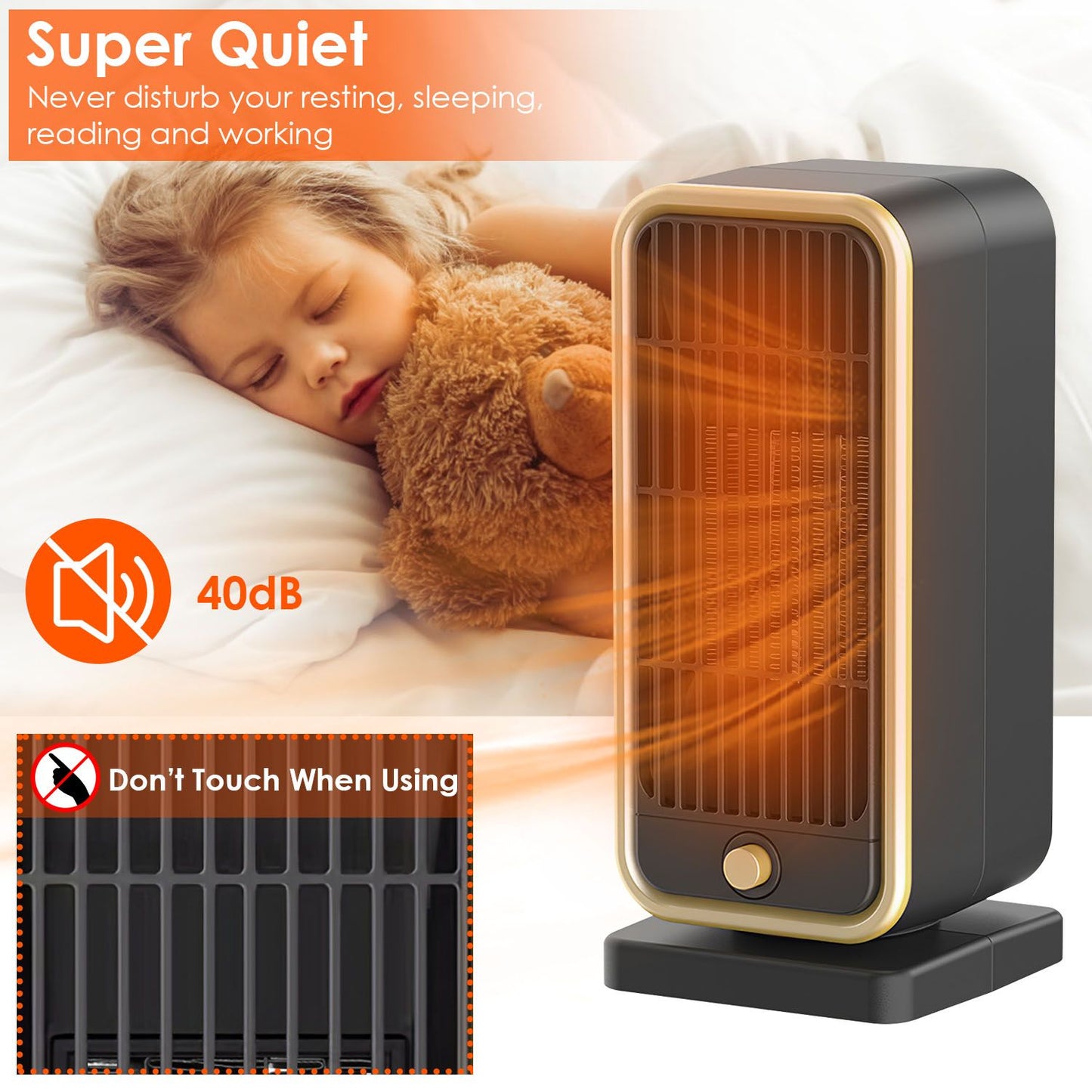 Compact, super quiet ceramic heater with a sleek design, featuring a glowing front panel, ideal for resting, sleeping, reading, and working without disturbance. Safe usage reminder included.