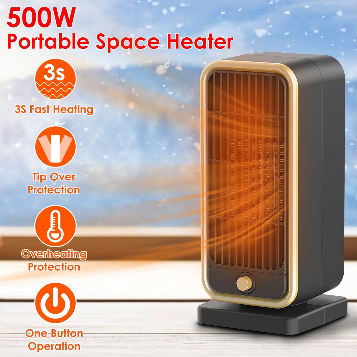 500W portable space heater with fast 3-second heating, tip-over protection, and overheating protection, designed for safe and efficient heating in any room.