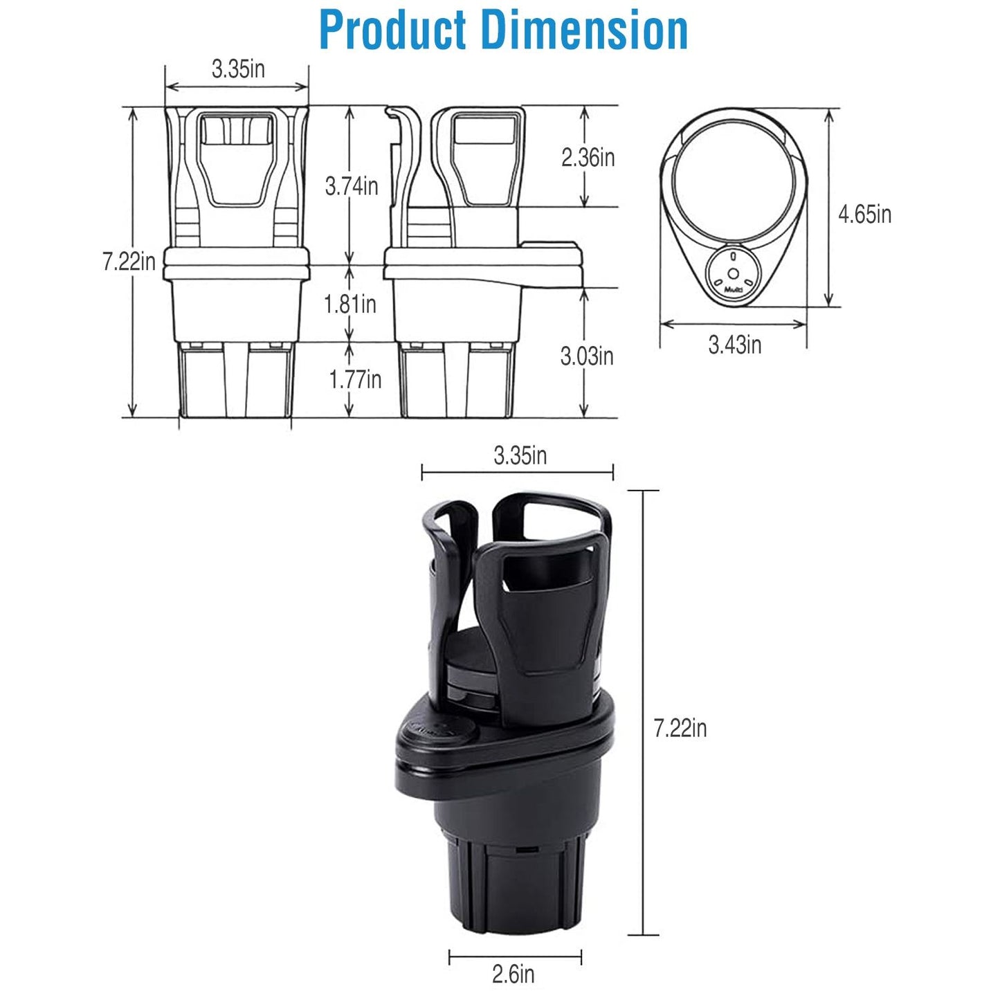 Product dimensions illustration for a versatile black cup holder with specific measurements of height, width, and depth for easy installation in vehicles or boats.