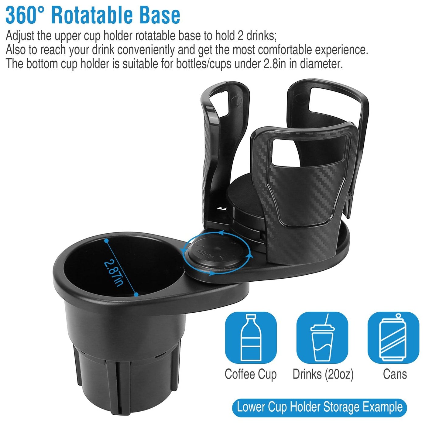 360-degree rotatable car cup holder with two drink slots, ideal for bottles and cups under 2.8 inches in diameter, designed for convenience and comfort while driving.