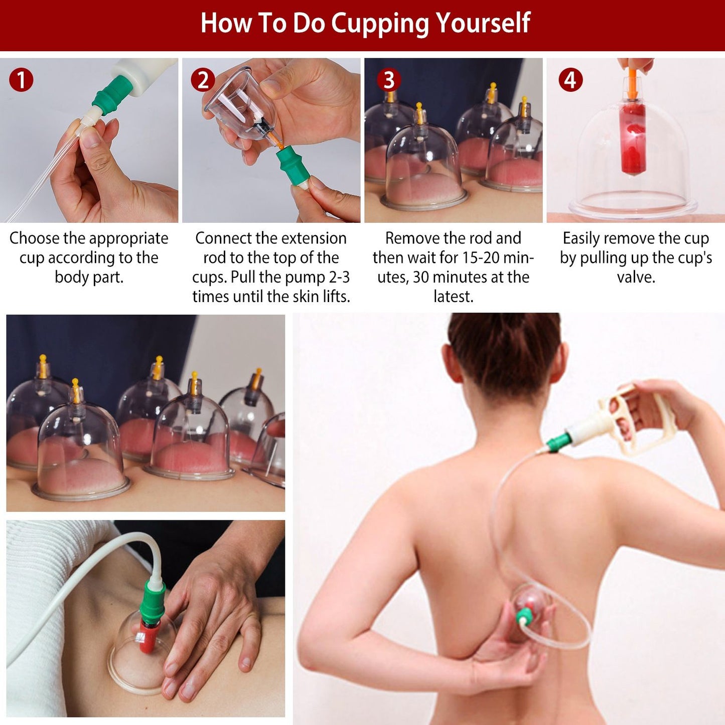 Step-by-step guide on self-cupping therapy, featuring clear images of cups, pump, and application technique on a person's back for effective pain relief and muscle relaxation.