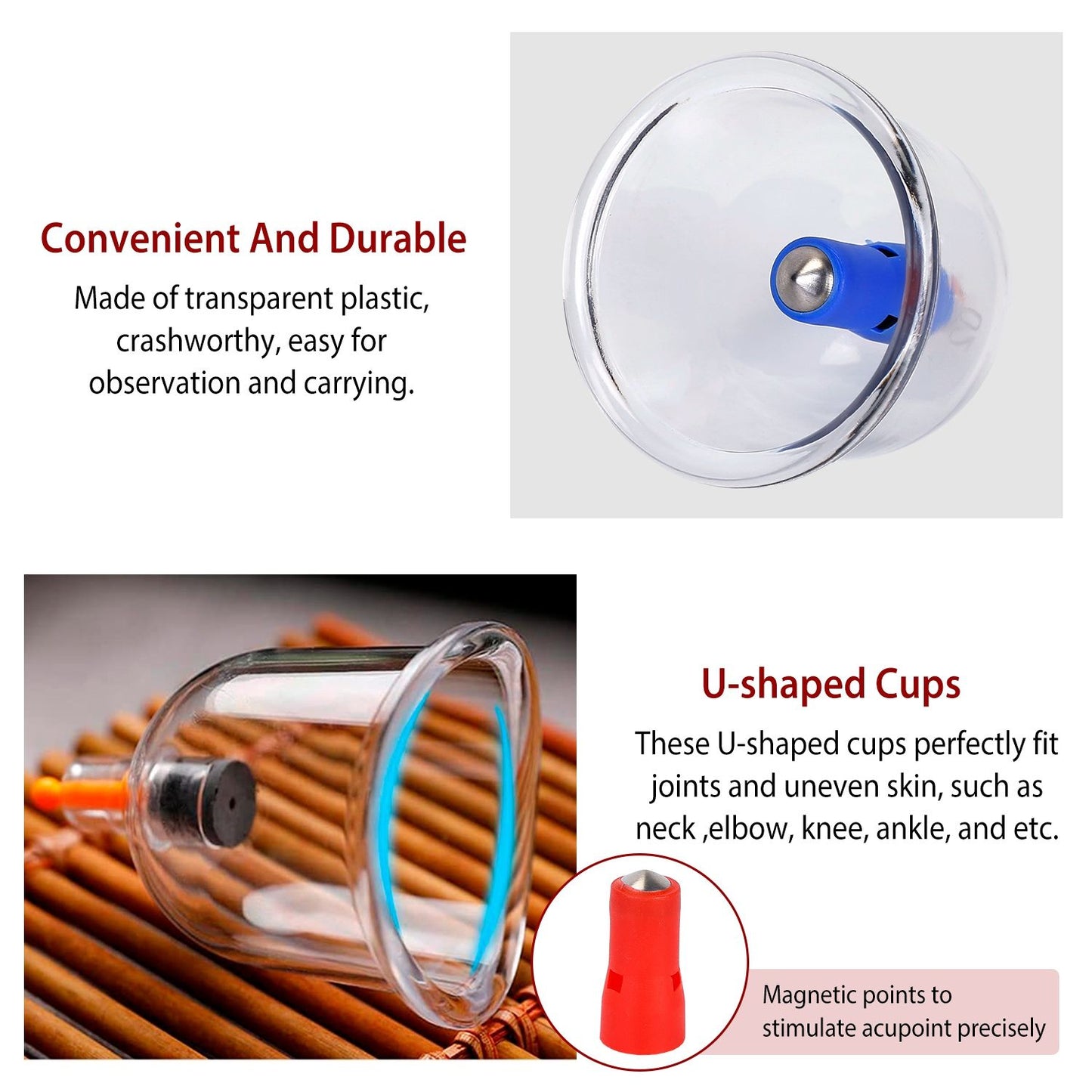 Transparent U-shaped massage cups made of durable plastic, designed for joint therapy and easy observation, suitable for various body areas like neck and knees.