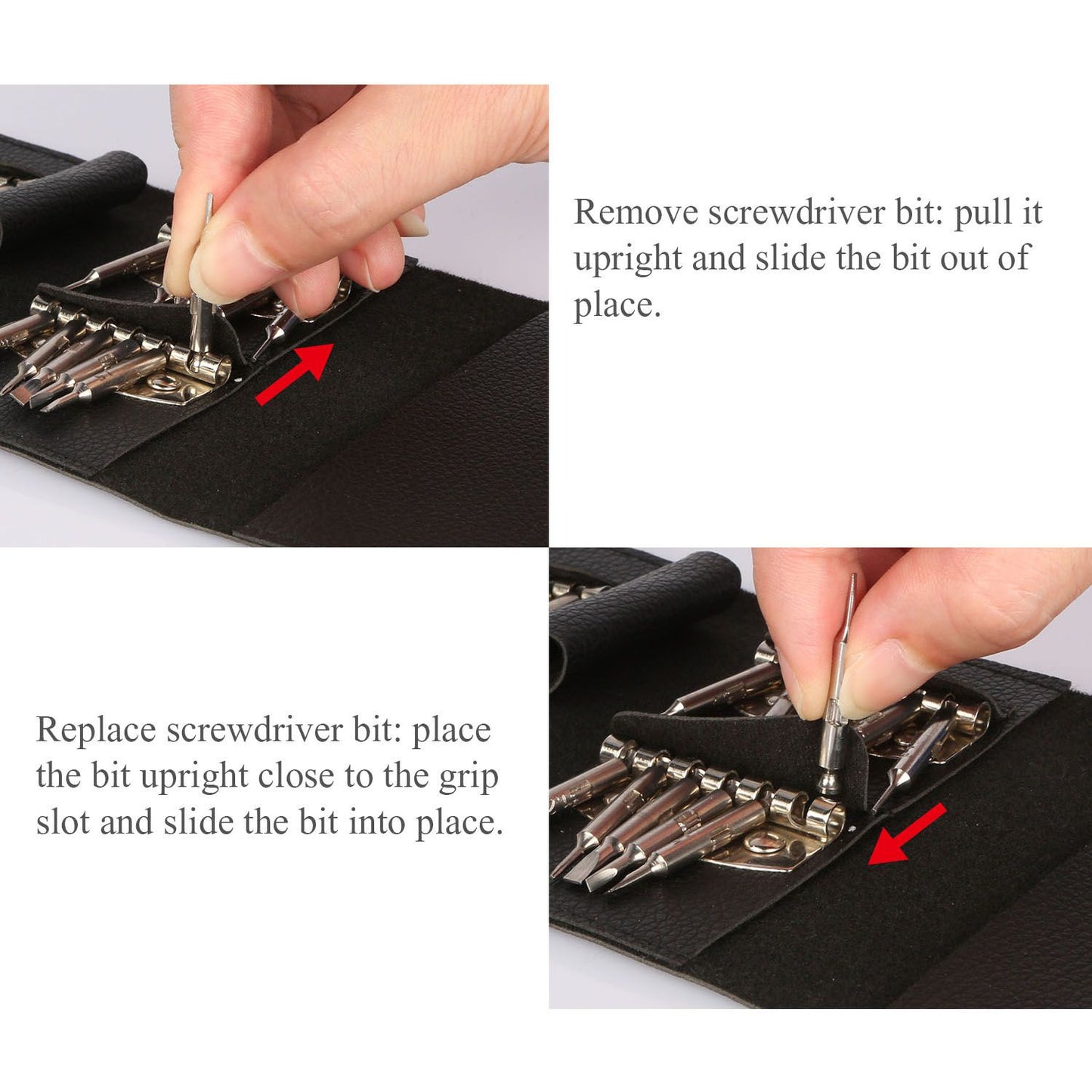 Step-by-step guide for replacing screwdriver bits, showing hands removing and inserting bits into a black tool organizer.