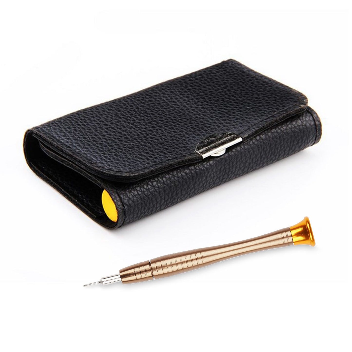 Stylish black leather wallet with a silver clasp, paired with a sleek gold and silver precision tool, ideal for accessories or craft enthusiasts.