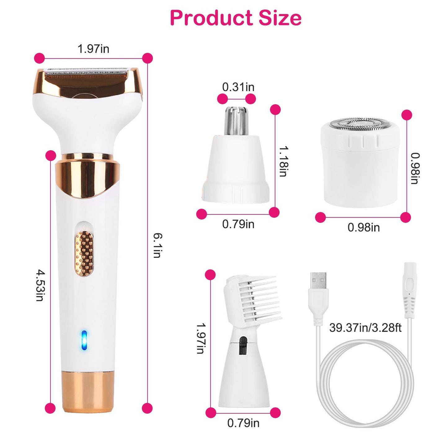 Product size illustration for a white electric shaver with rose gold accents, showcasing various attachments and USB charging cable dimensions for easy reference.