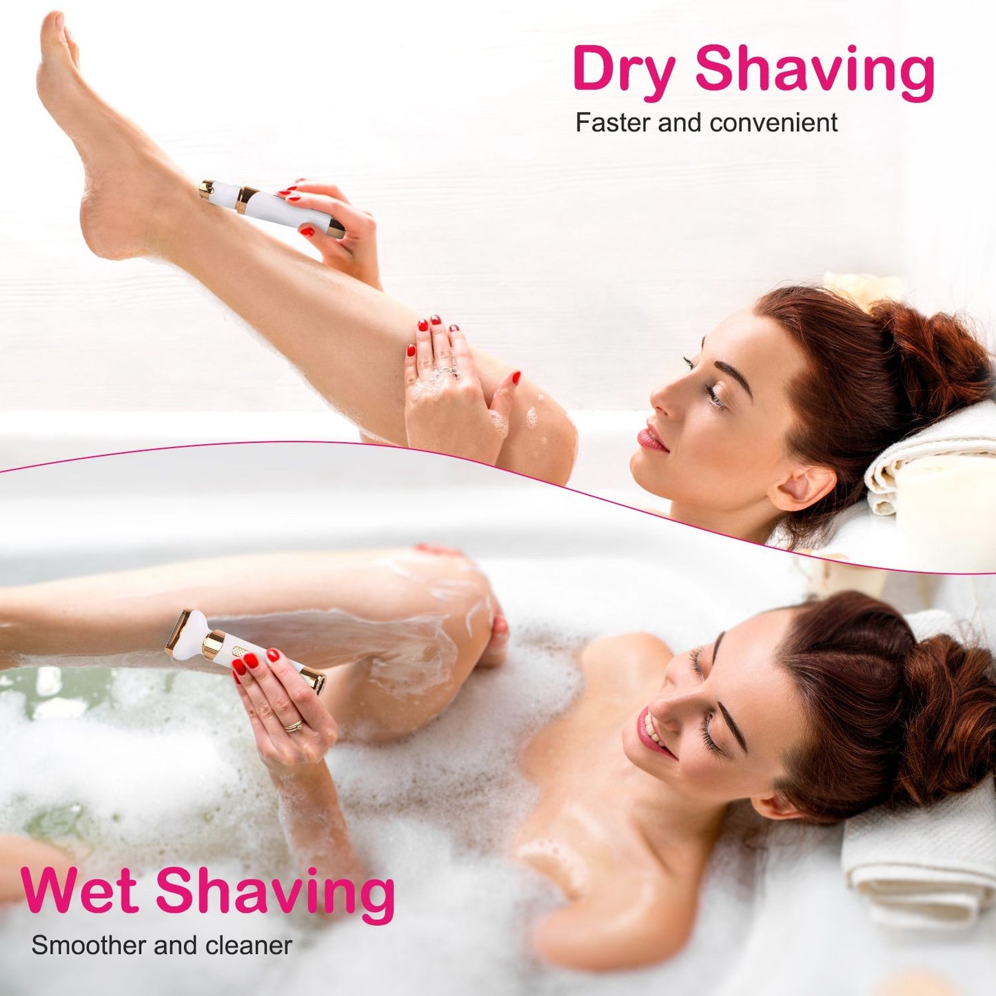 Image of a woman using an epilator for dry shaving on her leg, showcasing convenience and speed, alongside a wet shaving option in a bubble bath for a smoother, cleaner finish.