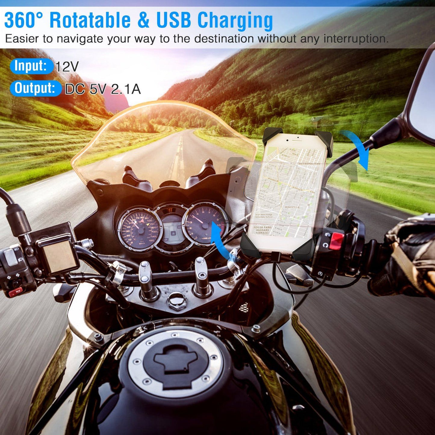 Motorcycle phone mount with 360° rotation and USB charging capability, showing a map displayed on a smartphone while riding on a scenic road.