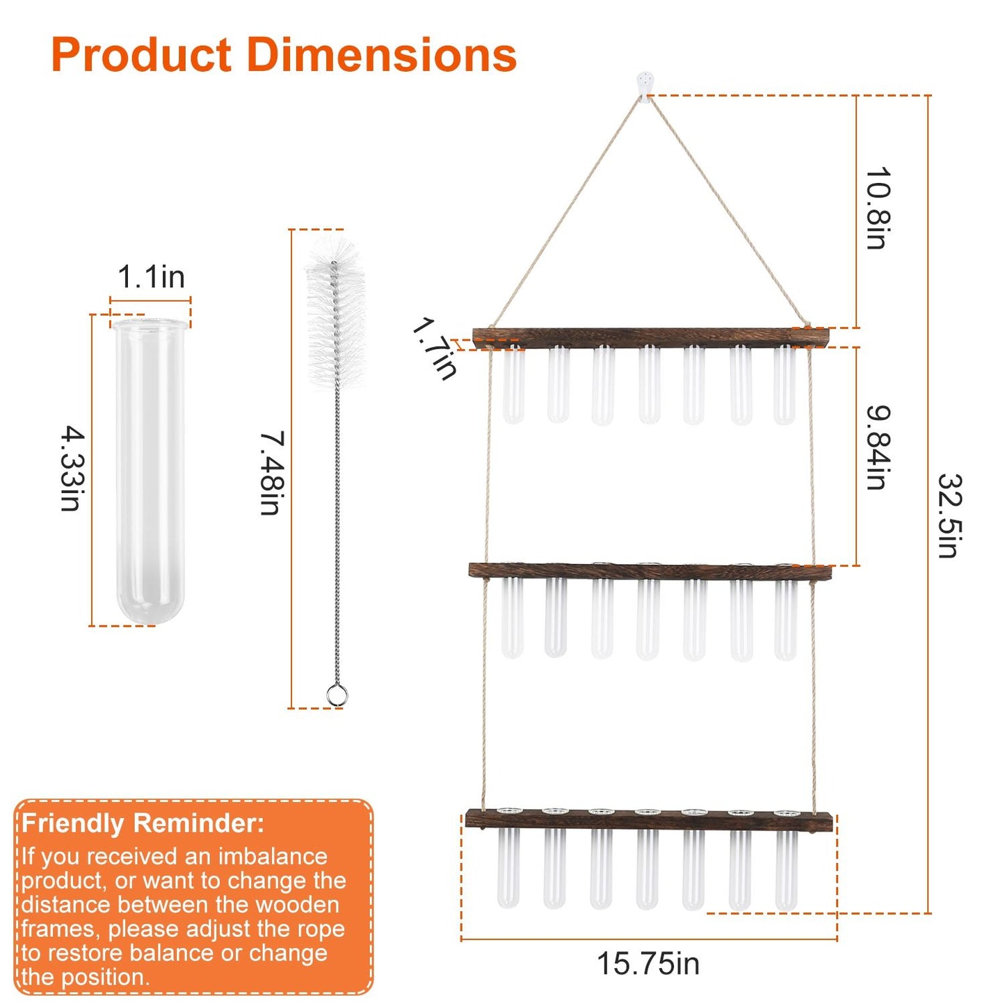 Hanging test tube rack with wooden shelves and dimensions, featuring a cleaning brush and a friendly reminder about adjusting balance, ideal for home decor and plant displays.