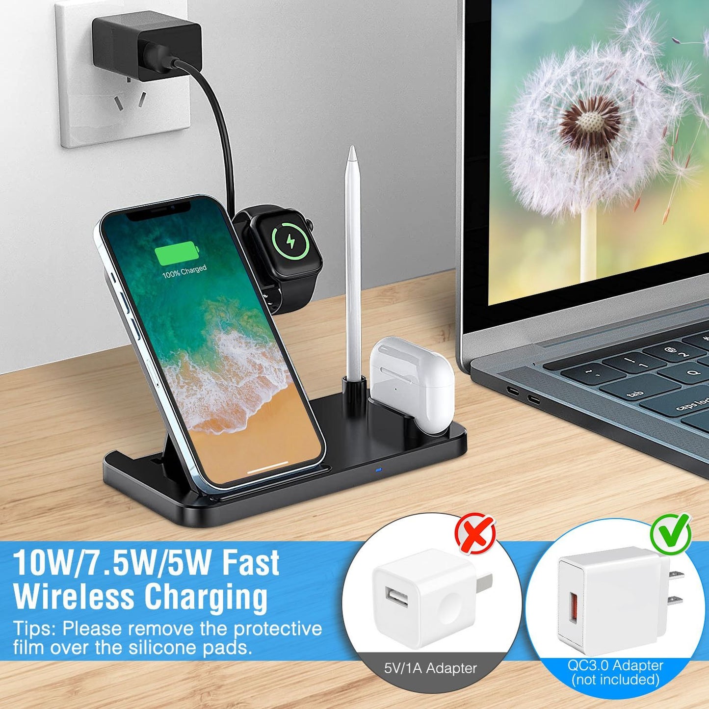 Wireless charging station with fast charging for iPhone, Apple Watch, AirPods, and Apple Pencil, featuring a sleek black design and multiple charging options on a wooden desk.