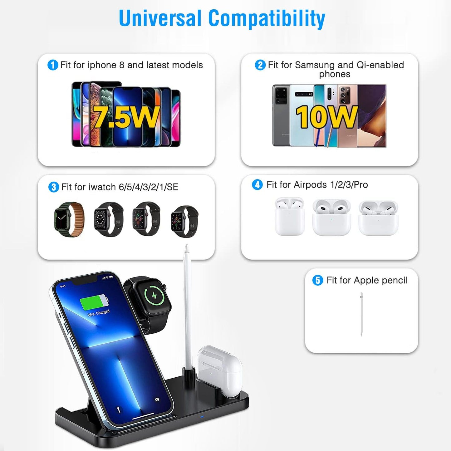Wireless charging dock compatible with iPhone, Samsung, Apple Watch, AirPods, and Apple Pencil, featuring fast charging up to 10W.