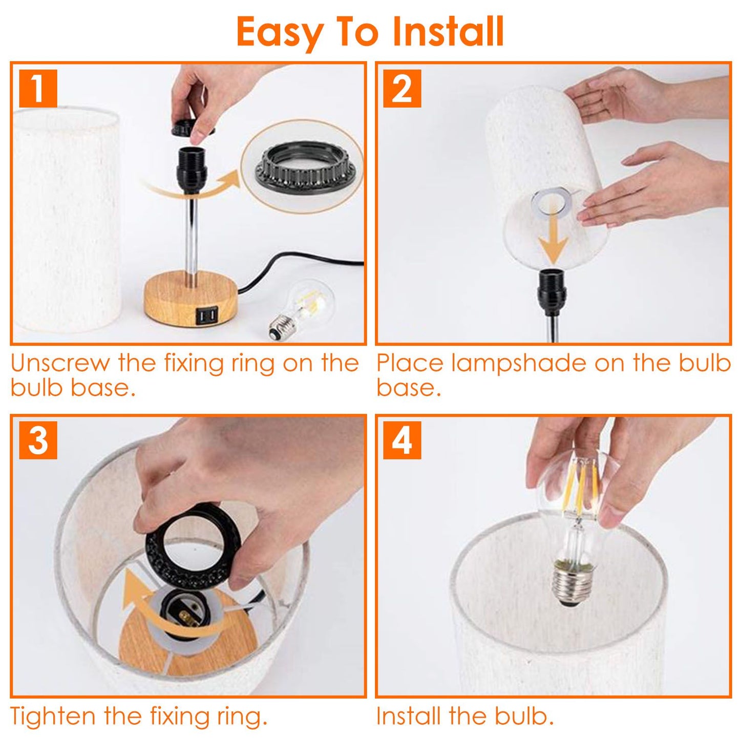 Step-by-step guide for installing a lamp with a wooden base and a fabric lampshade, showing unscrewing the ring, placing the shade, tightening the ring, and installing the bulb.