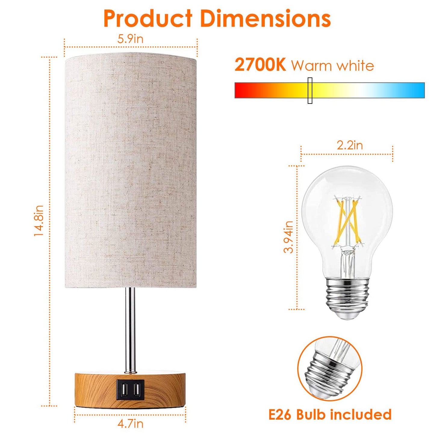 Warm white table lamp with fabric shade, wooden base, and included E26 bulb, dimensions: 14.8in height, 5.9in diameter, 2 USB charging ports.
