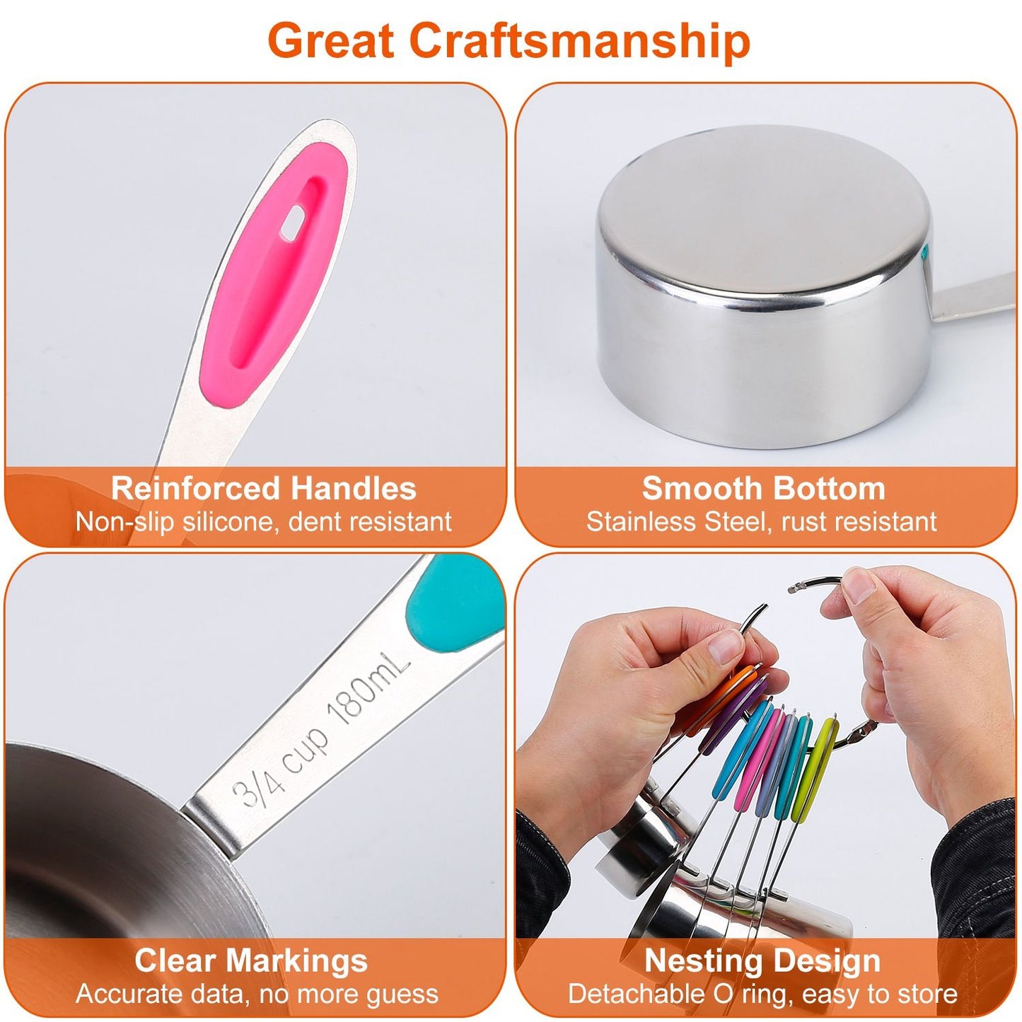 Stainless steel measuring cups with reinforced non-slip silicone handles, clear measurement markings for accuracy, and a nesting design for easy storage.