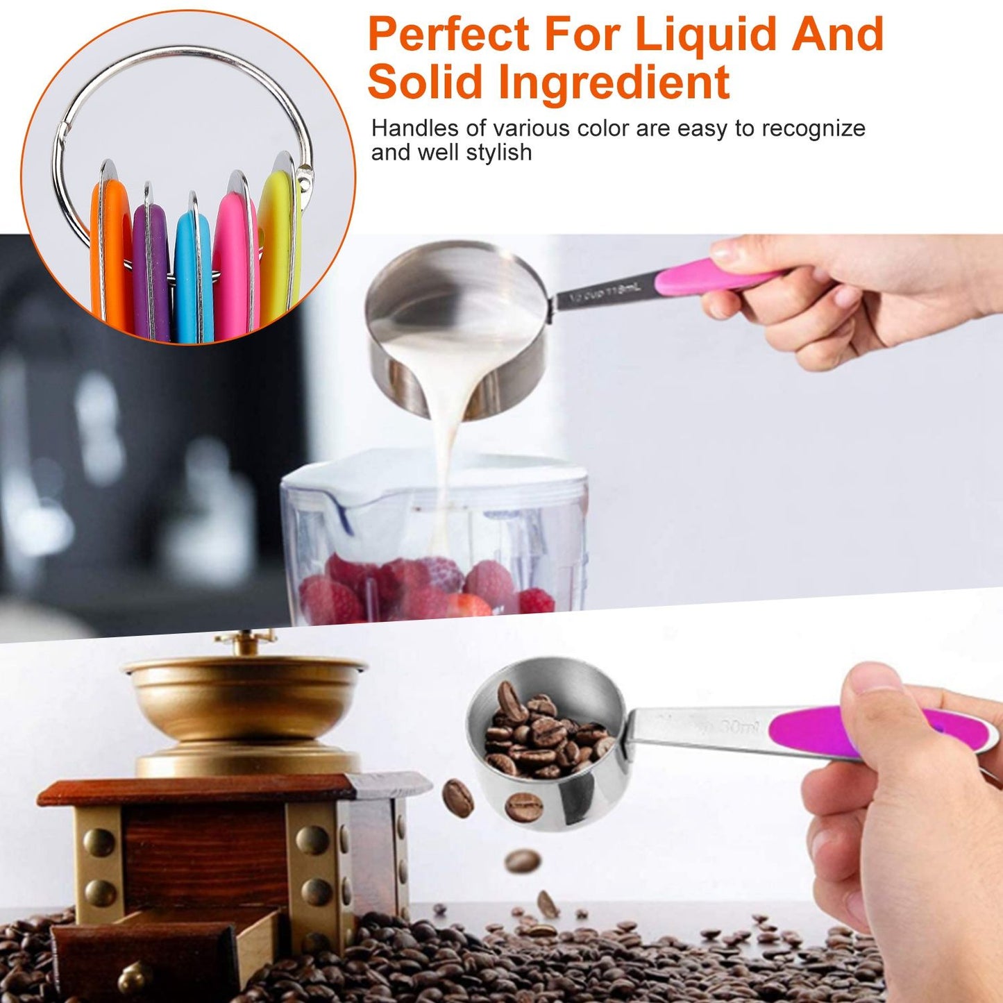 Colorful measuring spoons in use, pouring liquid into a blender and measuring coffee beans, showcasing versatility for both liquid and solid ingredients.