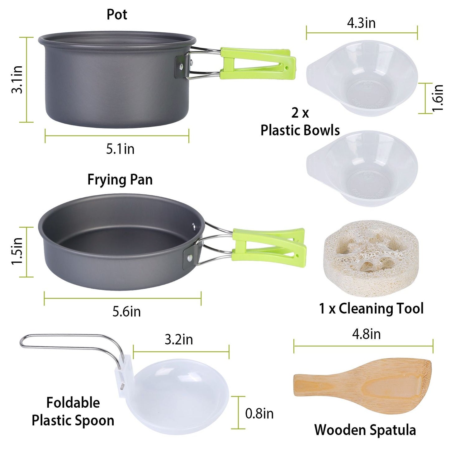 Compact camping cookware set featuring a pot, frying pan, two plastic bowls, a foldable plastic spoon, a wooden spatula, and a cleaning tool, all with measurements for easy use.