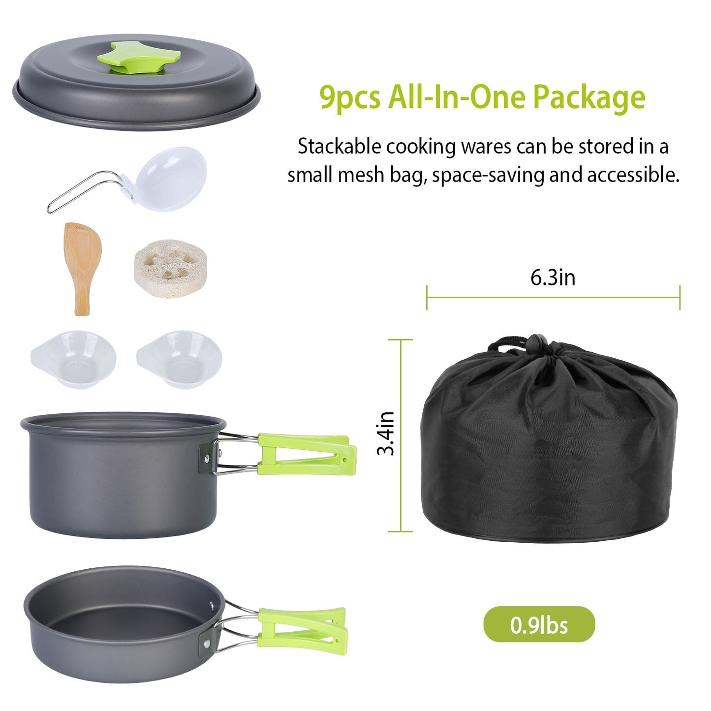 9-piece all-in-one camping cookware set including stackable pots, lid, measuring cups, wooden spoon, and mesh storage bag, lightweight and space-saving.