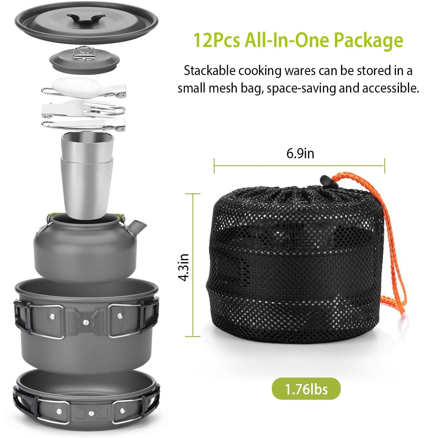 12-piece all-in-one cooking set with stackable pots, a kettle, and utensils, stored in a compact mesh bag for easy transport and space-saving convenience.