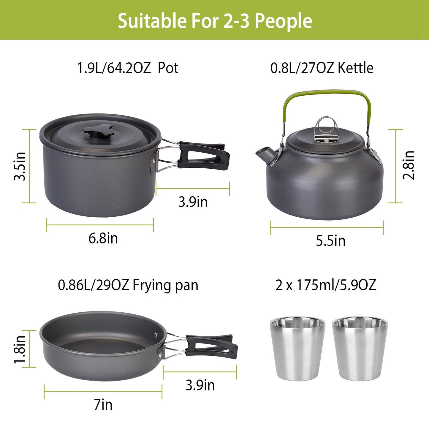 Camping cookware set for 2-3 people, including a 1.9L pot, 0.8L kettle, 0.86L frying pan, and two 175ml cups, all designed for durability and convenience.