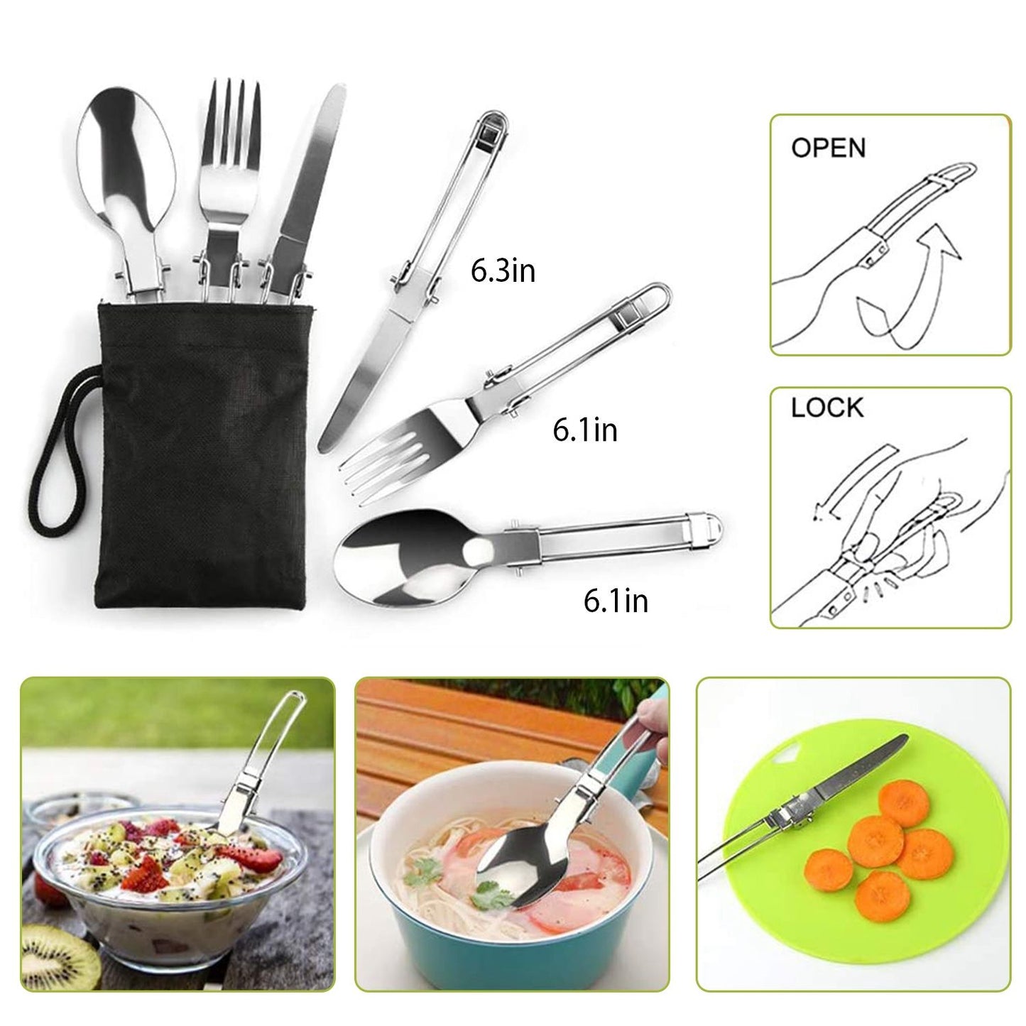 Collapsible stainless steel cutlery set with fork, knife, and spoon; includes a compact carrying pouch for travel; designed for convenience and space-saving use.
