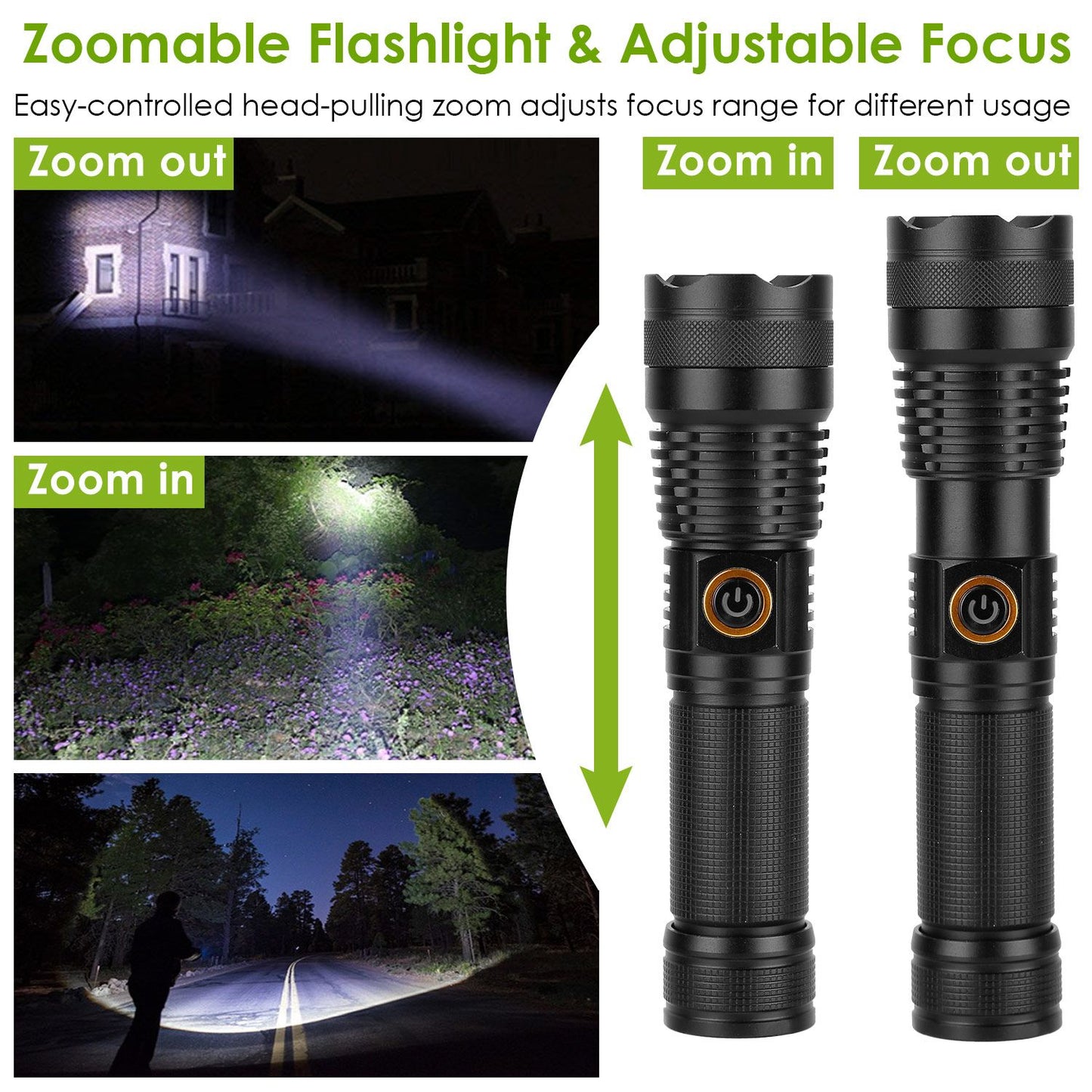 Zoomable flashlight with adjustable focus, showcasing zoom in and zoom out features for versatile use in various lighting conditions.