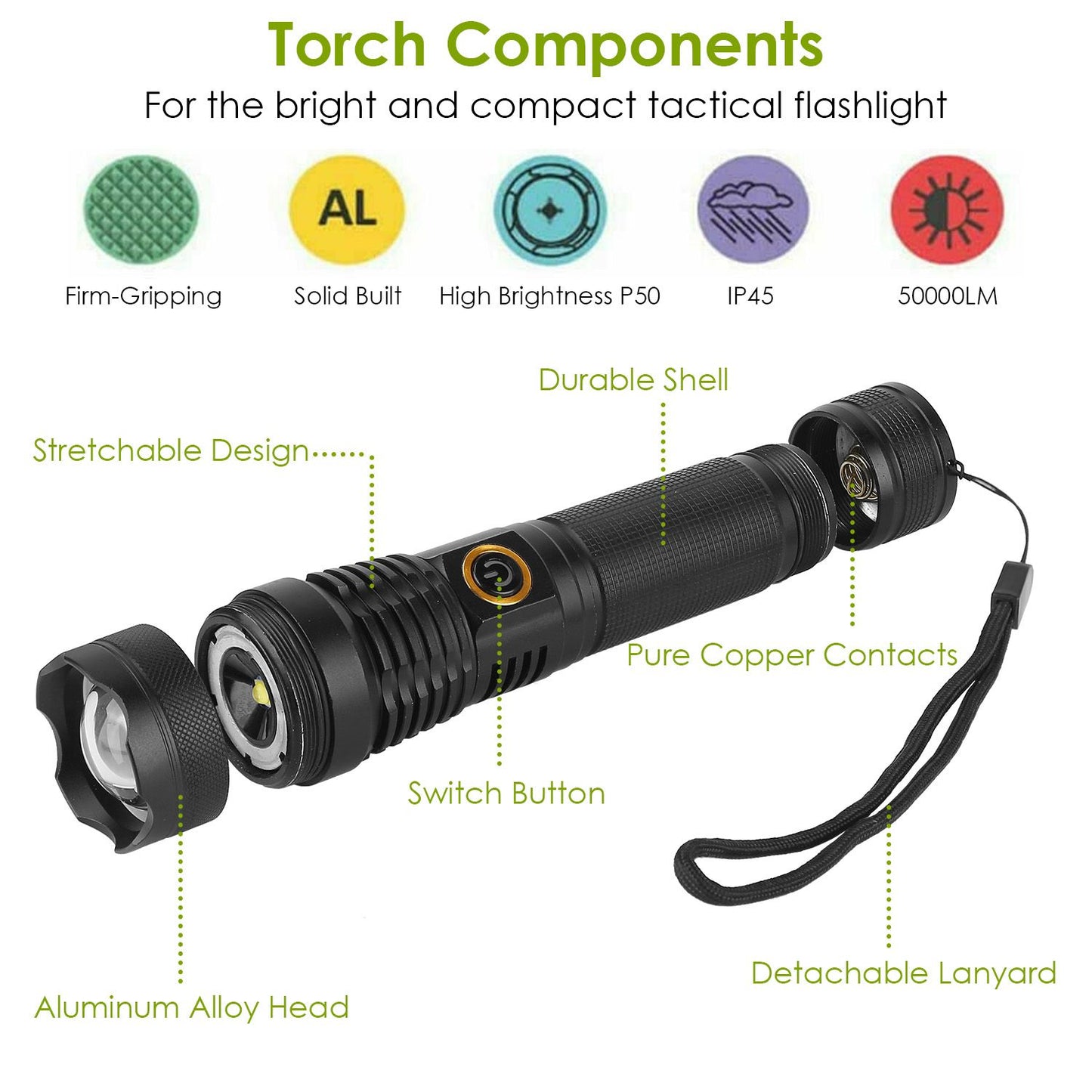 Compact tactical flashlight with durable aluminum alloy head, stretchable design, high brightness P50, IP45 waterproof rating, and detachable lanyard for easy carrying.