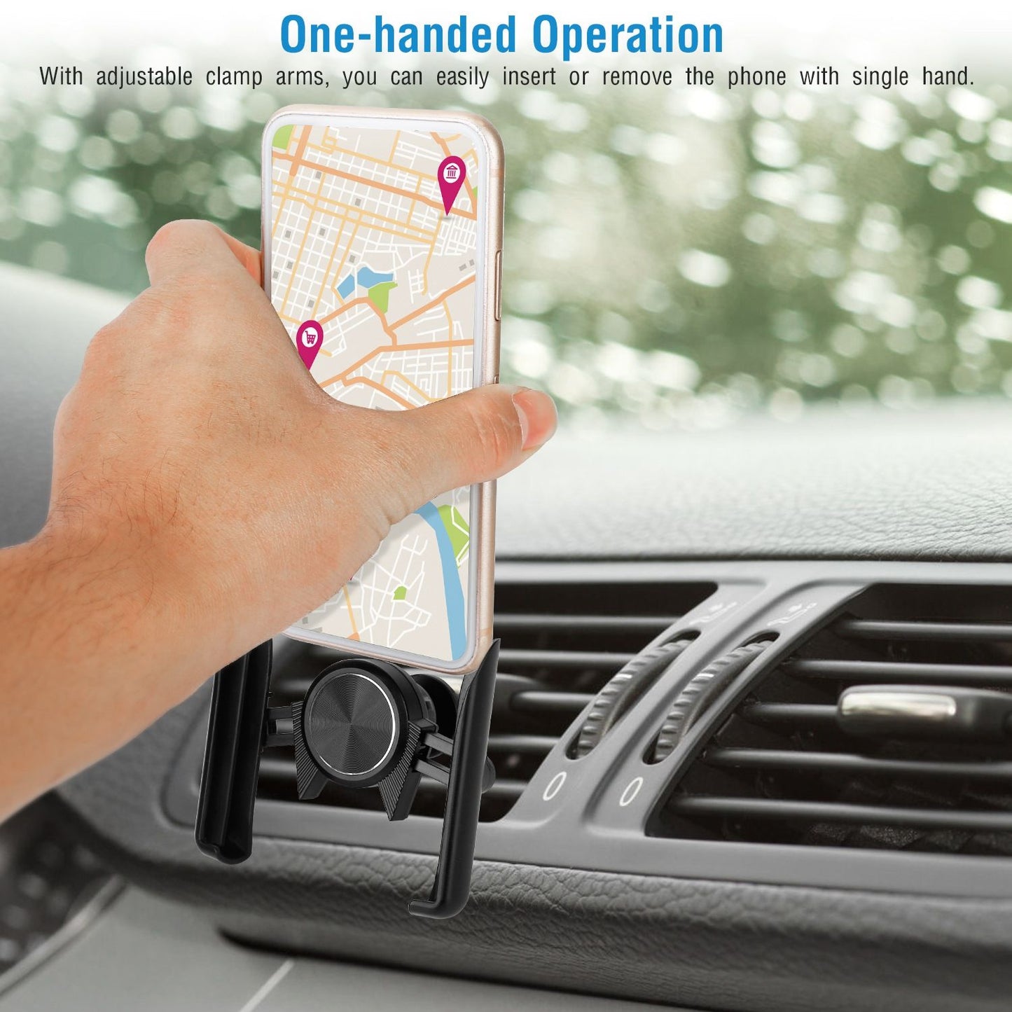 One-handed phone car mount with adjustable clamp arms, showcasing a hand holding a smartphone displaying a map, designed for easy insertion and removal in a vehicle's air vent.
