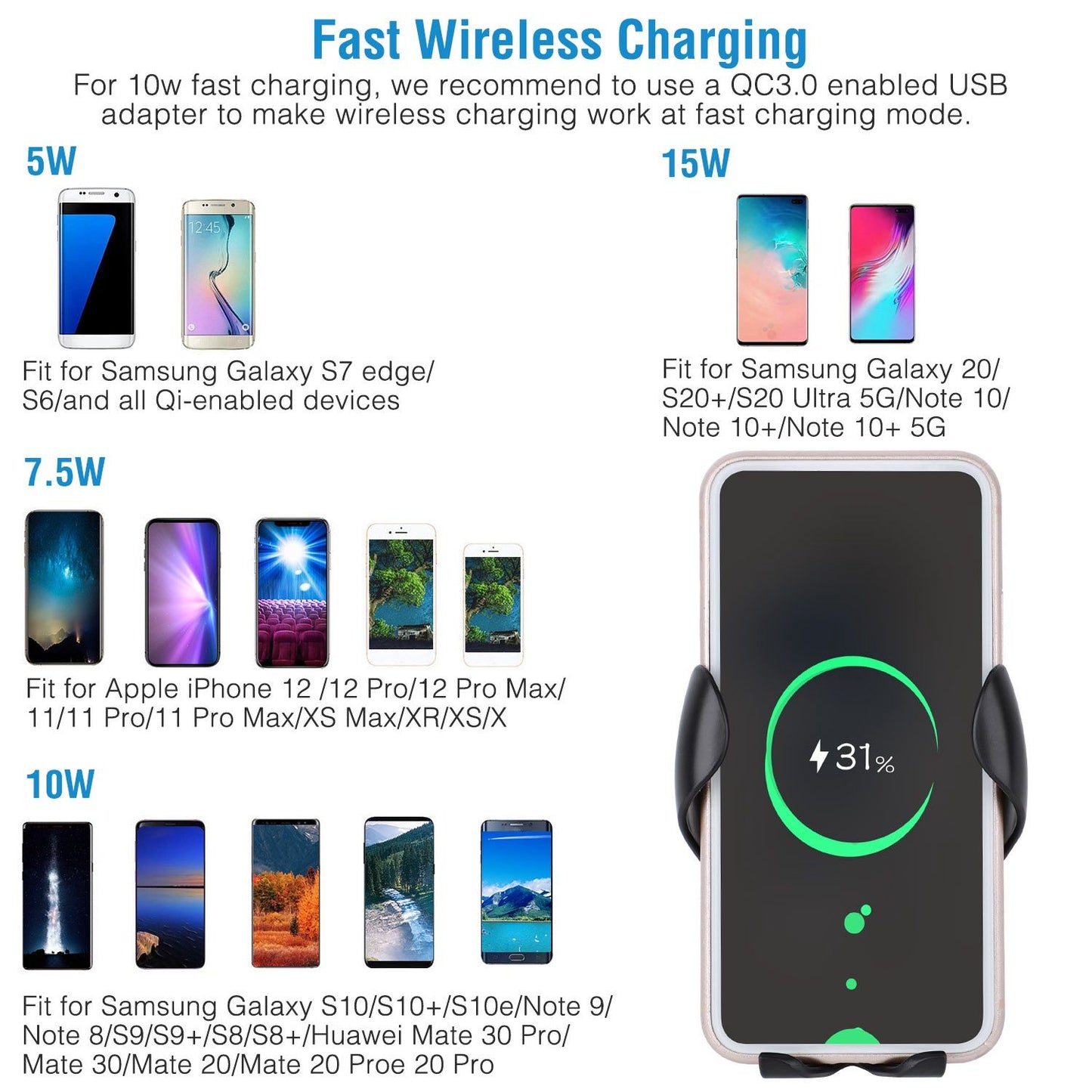 Fast wireless charging pad compatible with various smartphones, displaying charging status at 31% with multiple device compatibility listed.