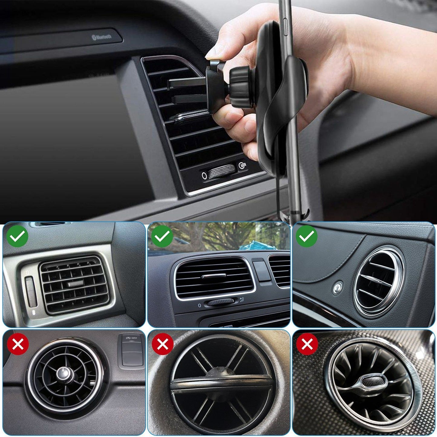 Car air vent phone mount installation guide showing compatible and incompatible vent styles for safe smartphone usage in vehicles.