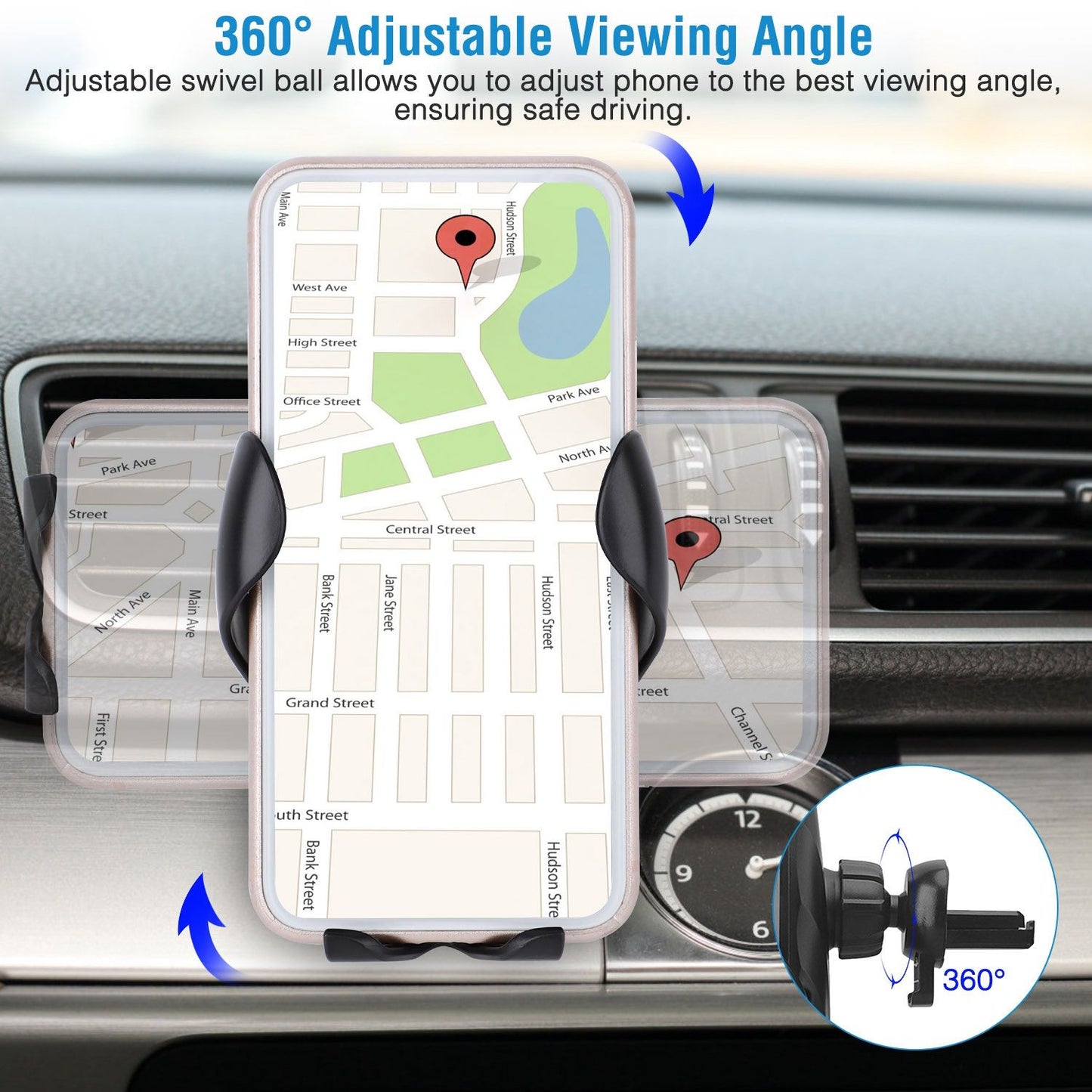Car phone mount with 360° adjustable viewing angle, showing a smartphone displaying a map for safe driving.