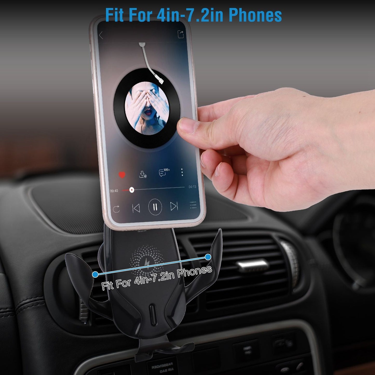 Automatic car phone mount holder designed for smartphones from 4 to 7.2 inches, securely supporting a phone displaying a music player interface while being operated by a hand.